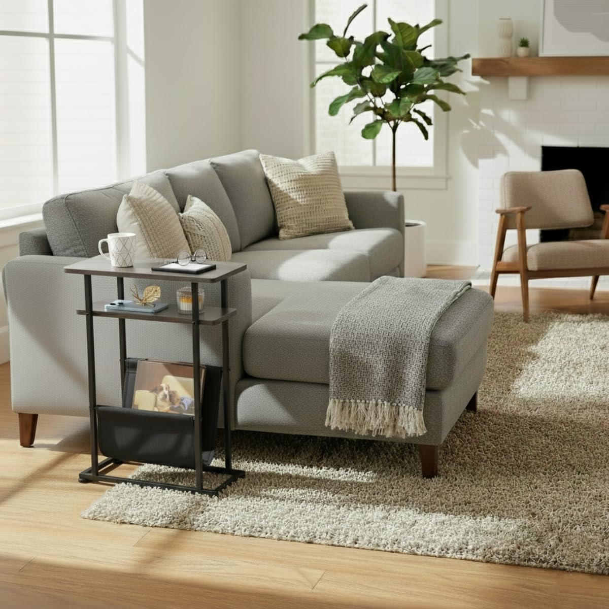 Narrow Small Side Table for Small Spaces - Slim End Table with Magazine Rack - Narrow End Table Living Room Couch Side Table- Skinny Bedside Table Nightstand Bedroom Thin Side Table (Grey)