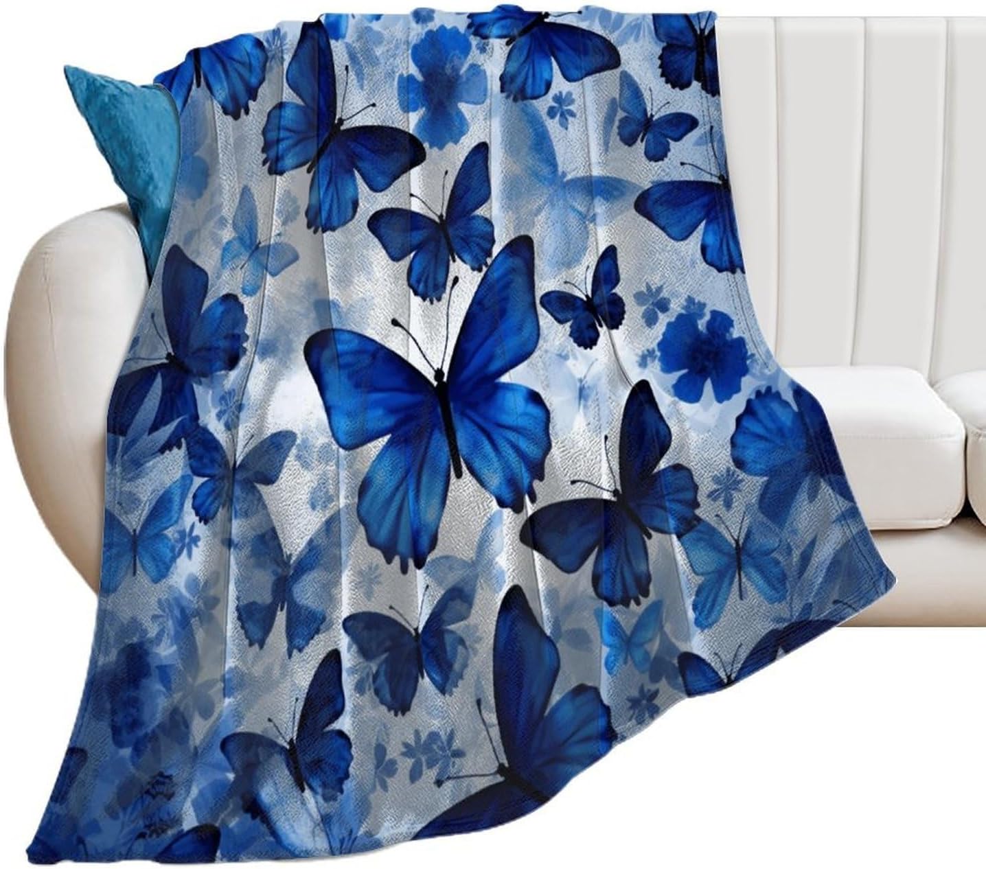 Blue Butterflies Blanket Chunky Fluffy Fuzzy Bed Blankets Cozy Soft Warm Winter Blankets Anti-Pilling Flannel Throw Blanket for Couch Living Room Bedroom Multiple Size