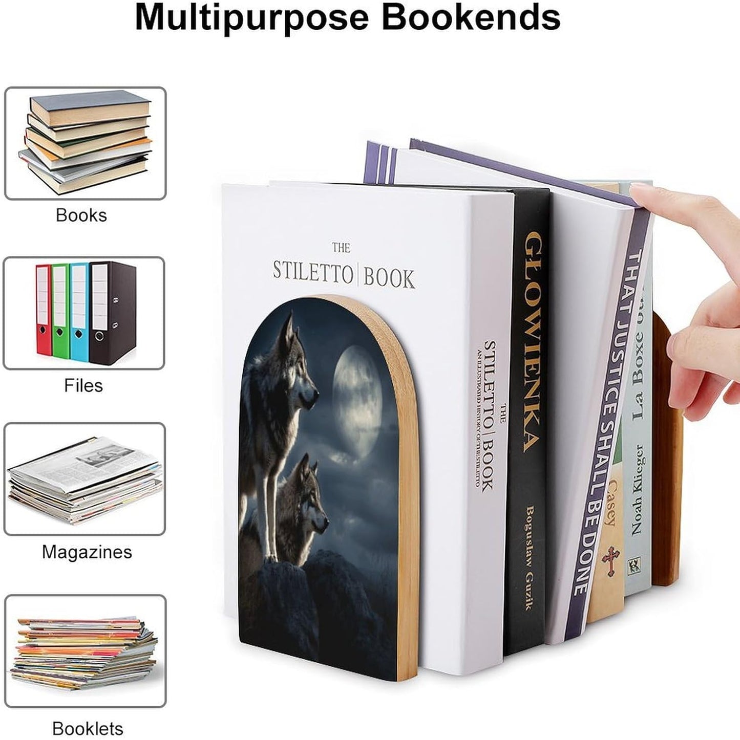 Wolves in The Moonlight Bookend for Shelves Wooden Book End Large Size Sturdy Book Holders Stoppers with Metal Base for Bookshelves Slick Decorative Bookends Stands