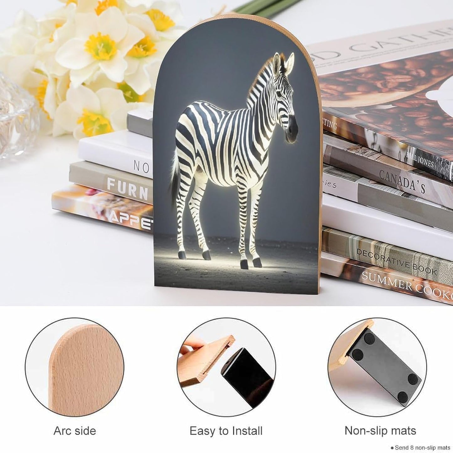 Glowing Zebra Bookends 1 Pair Heavy Duty Book Ends for Shelves Non-Skid Bookend Supports Wooden Book Holders with Metal Base Desk Organizers Books Storage to Hold Books