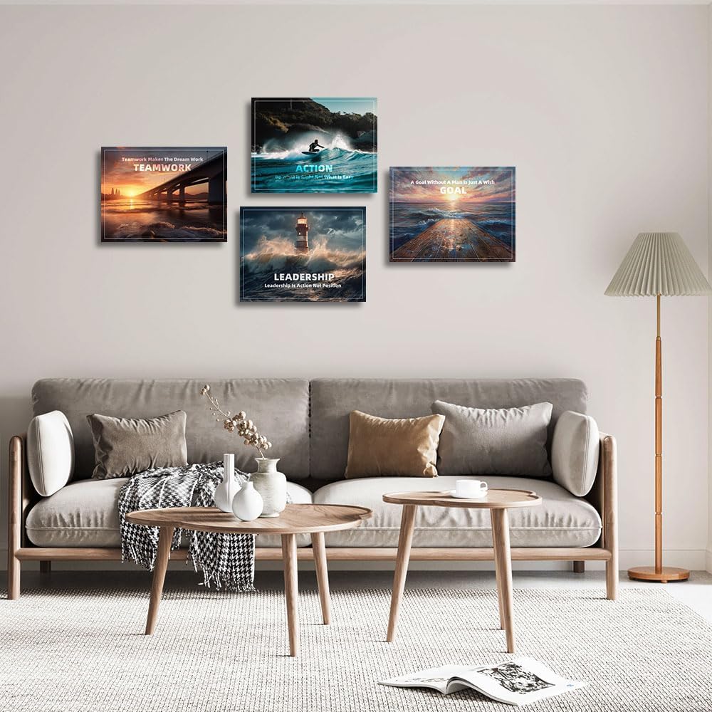 Inspirational Quotes Canvas Art, Motivational Decor Painting, Landscape - Suitable for Library, Office, Living Room - Tabletop/Hanging, 4-pack (29 x 38 cm) Framed