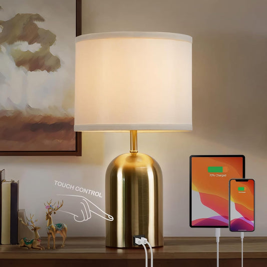 GyroVu Bedside Lamp with USB Port, Touch Control Table Lamp for Bedroom, Dimmable Modern Nightstand Lamp with Fabric Shade Gold Base for Living Room, Dorm, Home Office, LED Bulb Included