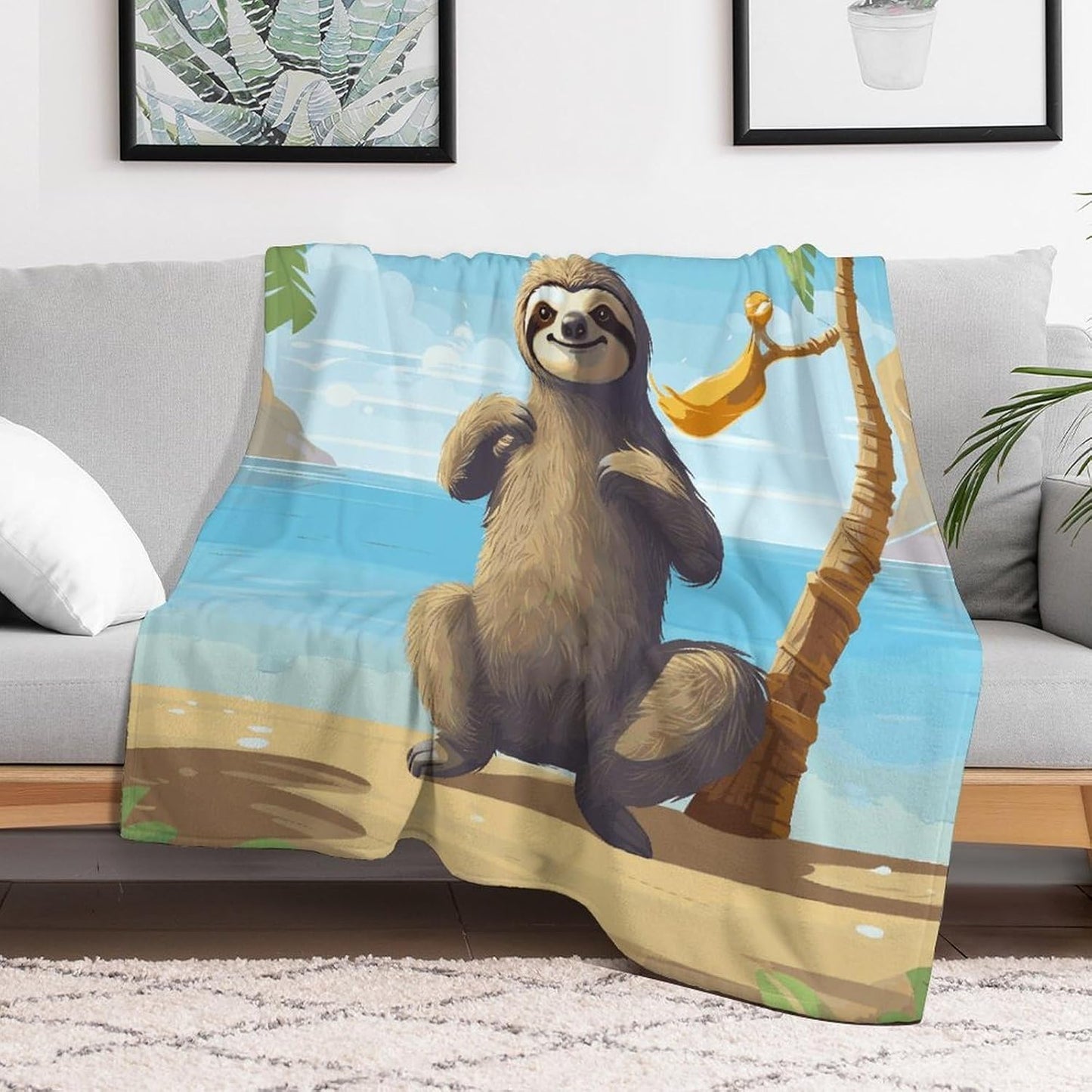 Sloth on Beach Blanket Super Soft Lightweight Throw Blanket Cute Cozy Warm Bed Blanket Decorative Fuzzy Blanket All-Season Home Decor Gift for Sofa Couch Living Room 60"*80"（150 * 200cm）