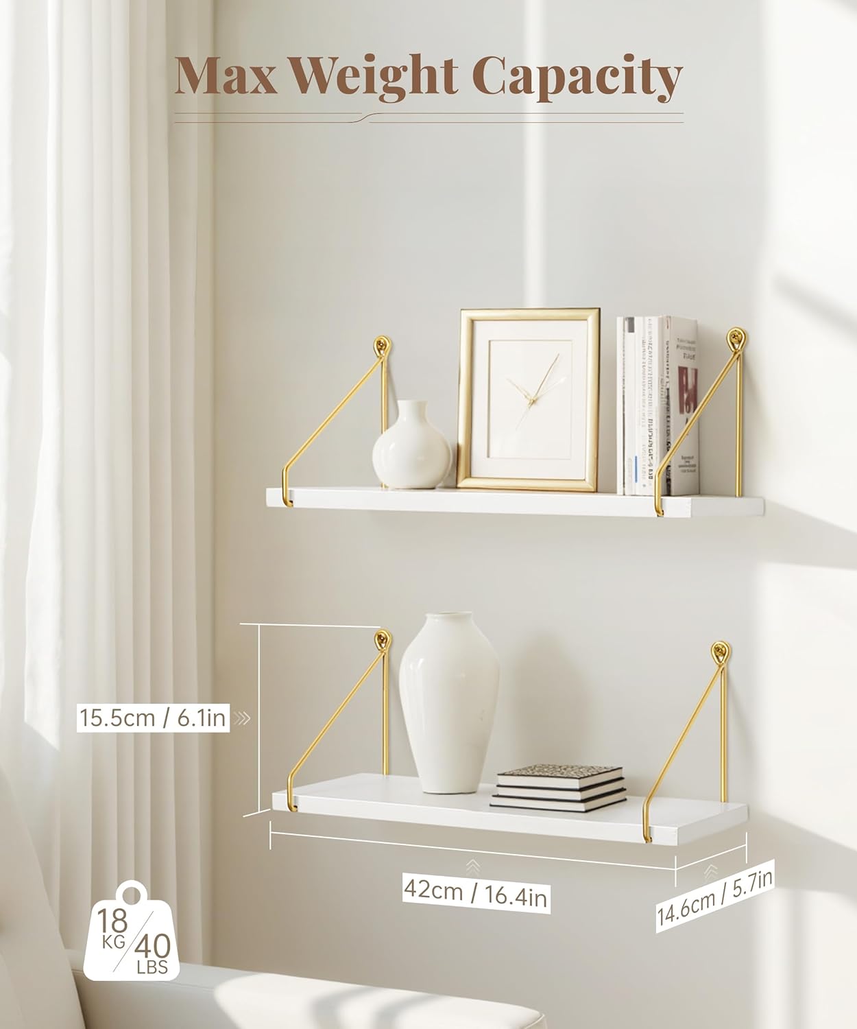Afuly Floating Shelves for Wall, Metallic Gold White Wall Mounted Shelves, Shelves for Bathroom Kitchen Bedroom Solid Wood Metal Chic Bookshelf, Set of 2