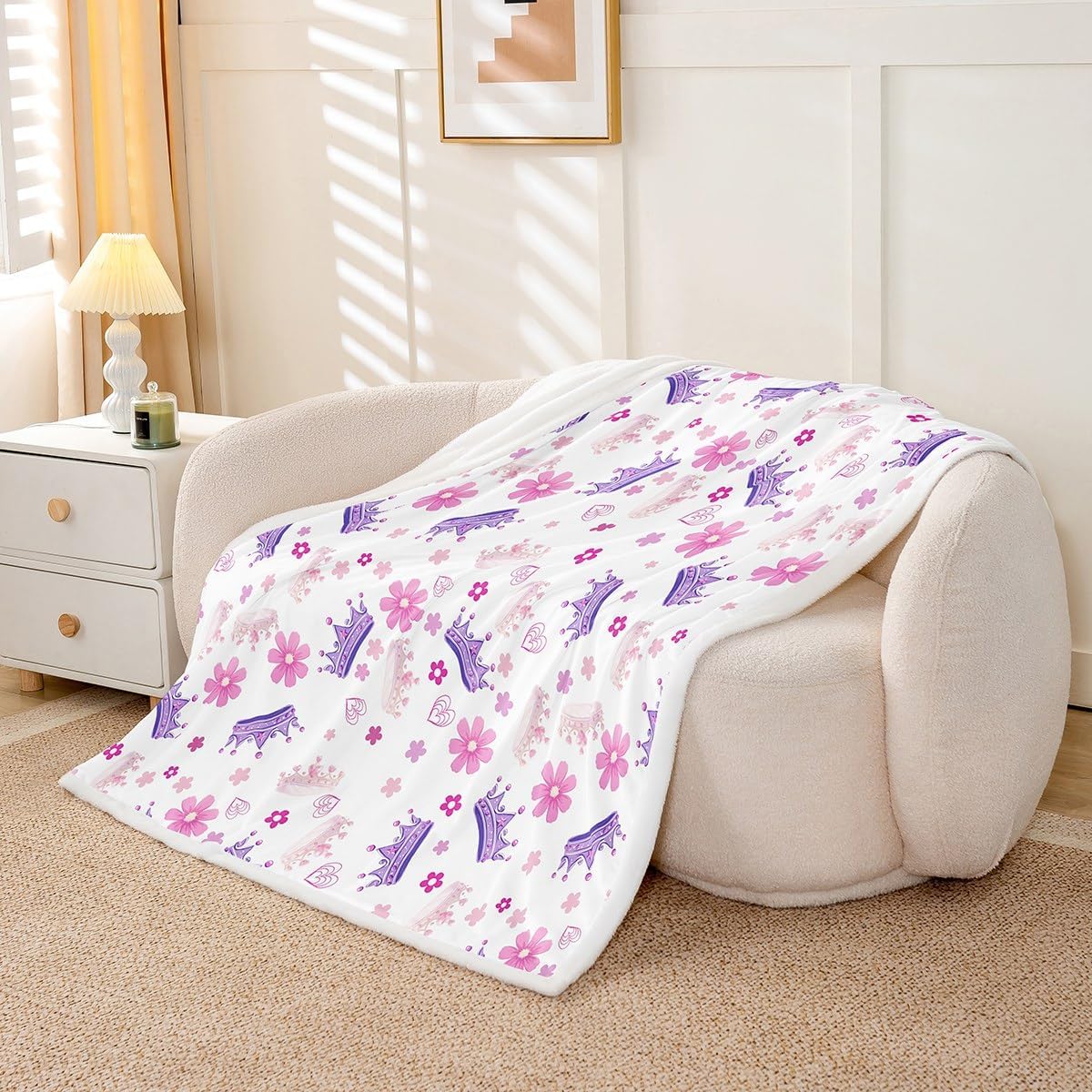 Manfei Princess Throw Blanket Pink Purple Crown Print Fleece Blanket, Cute Flower Girly Cartoon Throws for Bed Couch Sofa, Kids Girls Room Decor, Soft and Breathable(50 x 60 Inches)