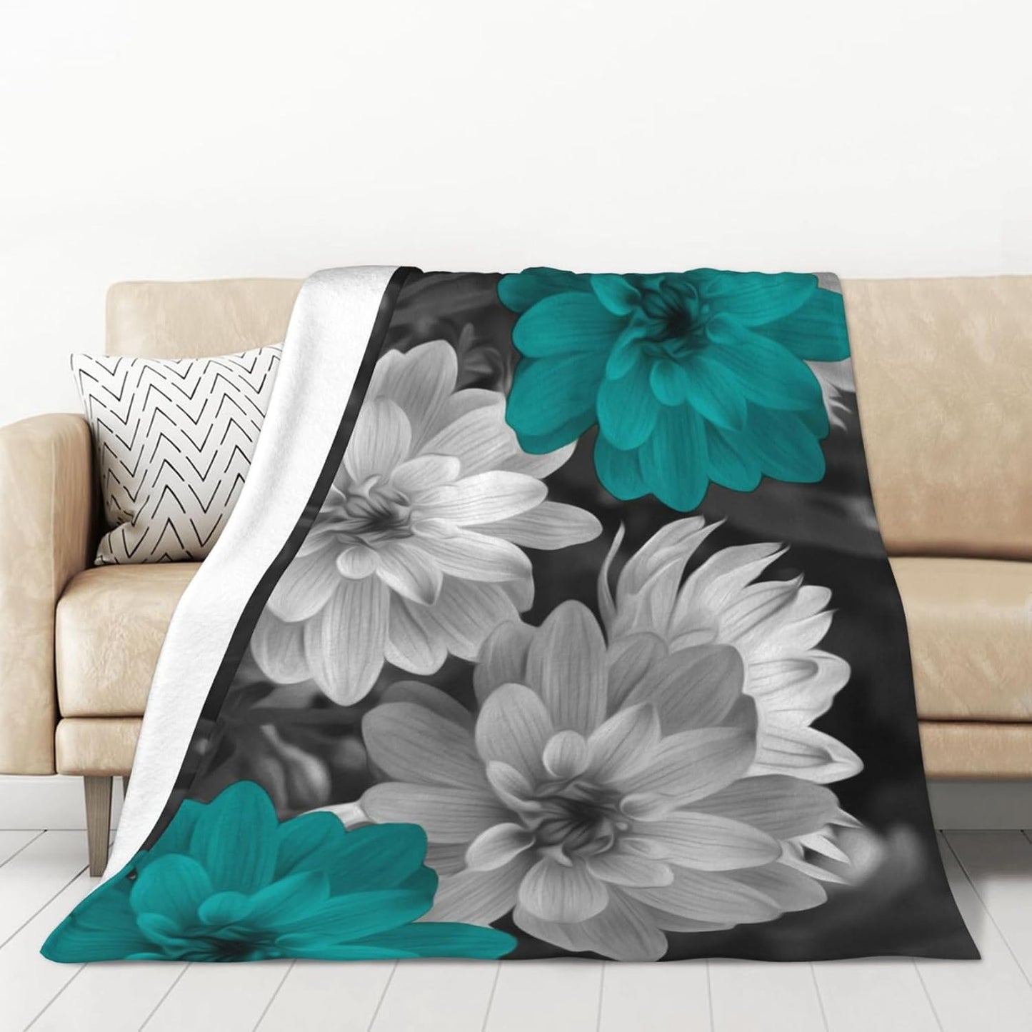 Te-al Grey Floral Blanket Te-al Flowers Throw Blanket for Couch Bed, Soft Fuzzy Flannel Te-al Blankets for Bed Sofa Chair Te-al Floral Decor 40x50 Inches