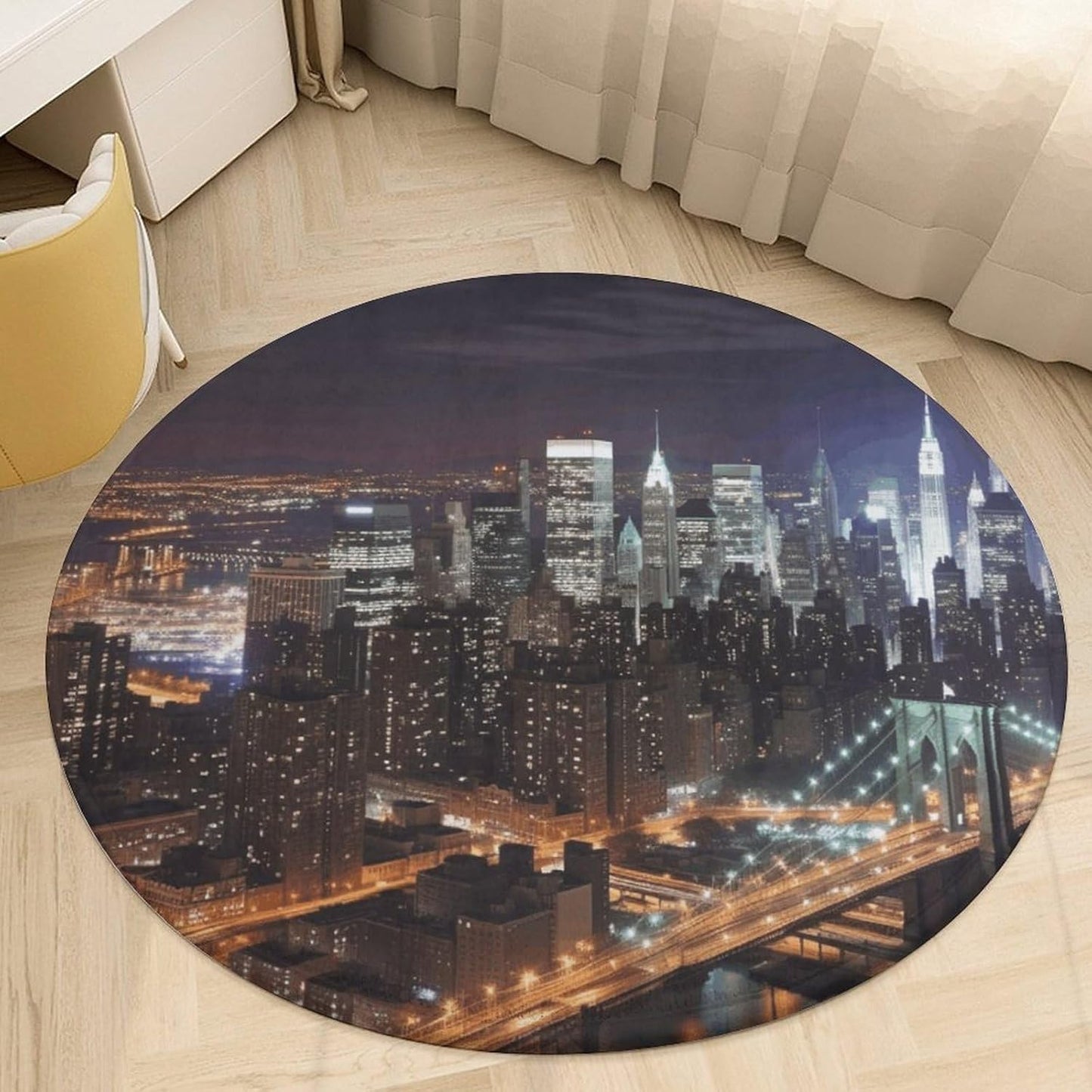 New York Night Circle Rug Retro Luxury Coral Velvet Floor Mat Non Slip Soft Indoor Floor Carpet Comfy Thickened Area Rugs Modern Aesthetic Minimalist Carpets for Home Decor