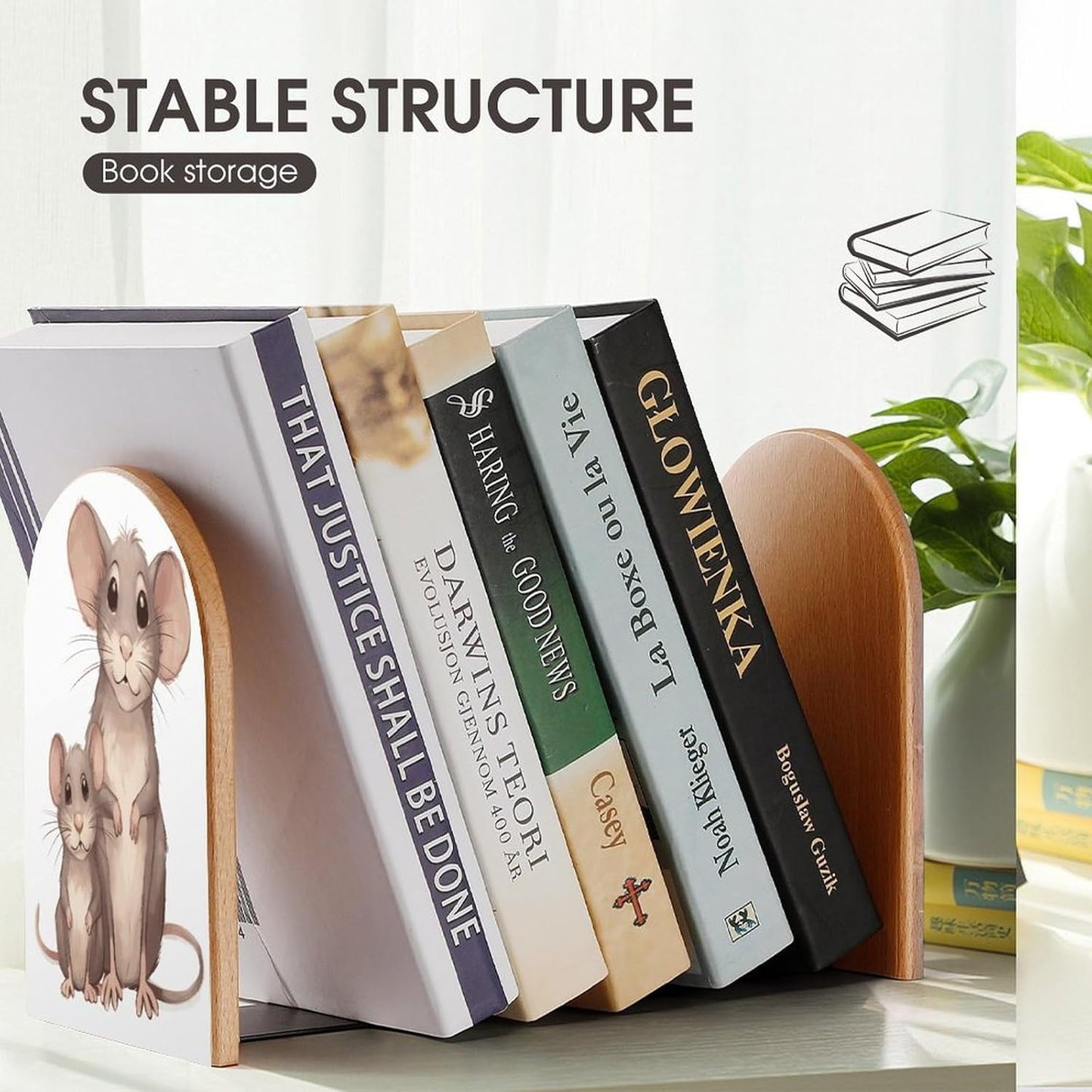 Non-Slip Bookend for Shelves Mother and Child Rats Wooden Bookends with Metal Base Decorative Book Stopper for Home Heavy Duty Wood Book Storage for Books/CDs
