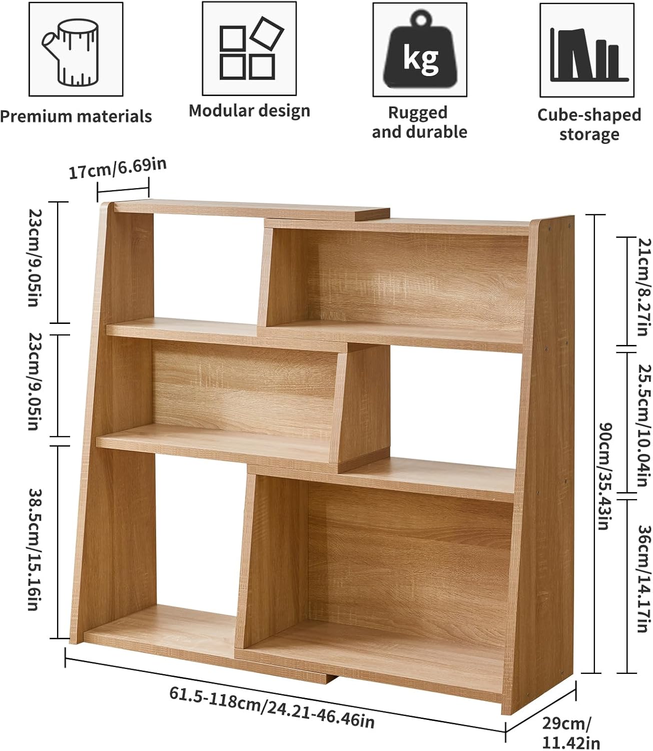 Expandable Bookcase, 3-Tier Ladder Open Storage Bookshelf, Storage Organizer Bookcase for Study Office Living Room, Oak YD-BC005R