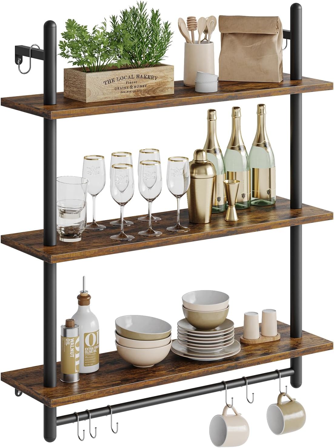 Bestier 3 Tier Industrial Pipe Shelving, Floating Book Shelves for Wall, Storage Hanging Shelves with Towel Bar for Bathroom Organizer Bedroom Kitchen Plants Office. 31.5 Inch Rustic Brown