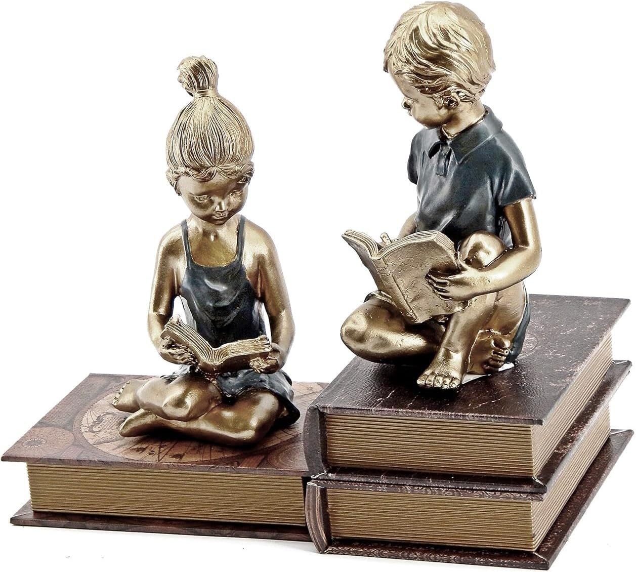 Bellaa 22951 Boy Girl Bookends Vintage Studious Reading Scholar Bookrack Stoppers for Heavy Duty Book Ends Holder Stand Decorative 8 inch