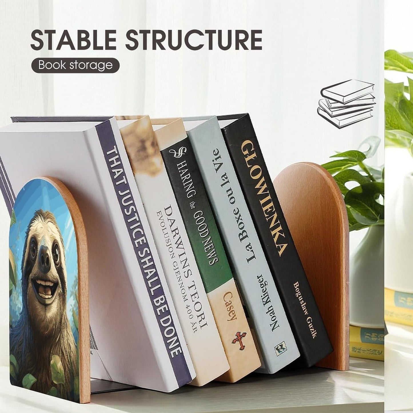 Cartoon Funny Sloth Bookend for Shelves Wooden Book End Large Size Sturdy Book Holders Stoppers with Metal Base for Bookshelves Slick Decorative Bookends Stands