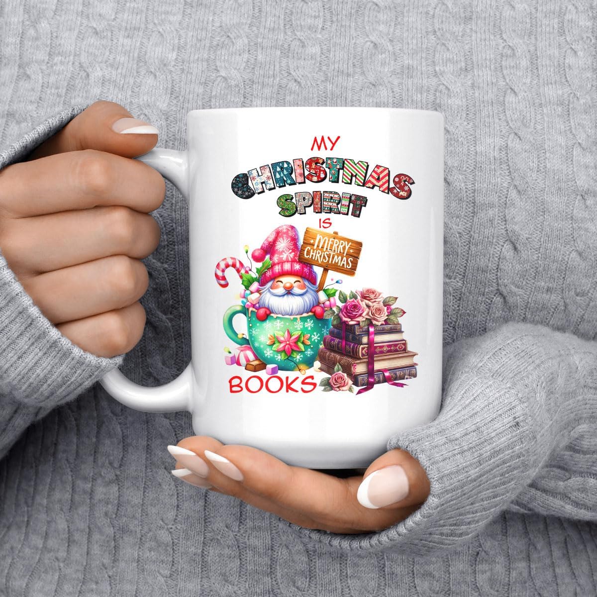 Personalized Merry Christmas Mug 11oz Bookish Ceramic Coffee Cup for Reading Lover Bookclub