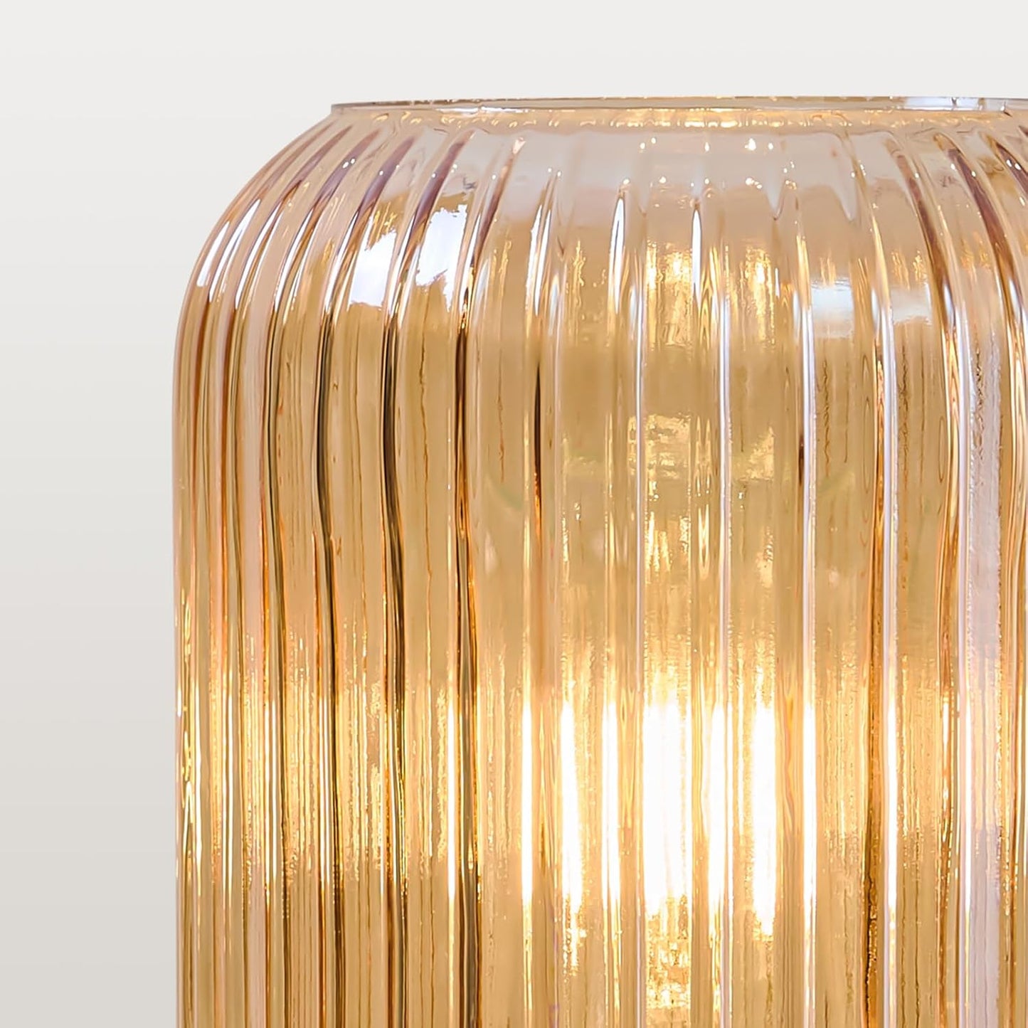 Mid Century Modern Table Lamp: Vintage Amber Ribbed Glass Globe Dimmable Plug in Small Bedside Lamps - Cute Brass Gold Side Table Lamp Nightstand Light for Bedroom Entryway Office Desk Living Room