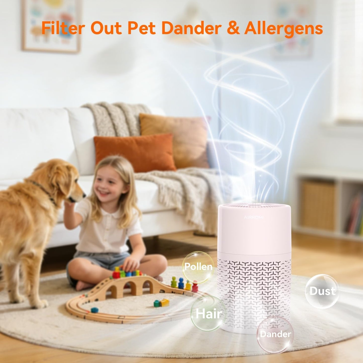 AIRROMI Pets Air Purifier for Home Allergies,Up to 660 ft². HEPA Deodorizing Activated Carbon Filter,With Fragrance Sponge for Better Sleep,Night Light,Pet Dander,Smoke,Odors,Air Cleaner A2002 Pink