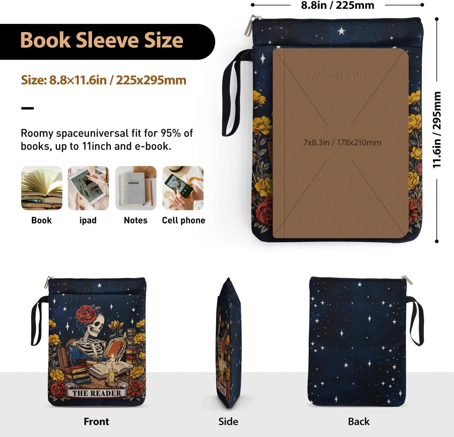 Dark Academia Gifts for Women Book Lovers, The Reader Book Sleeve Pouch for Bookworm Teachers Librarian, Tarot Bookcovers Protector for Paperbacks with Handle Pocket, Reading Accessories for Student