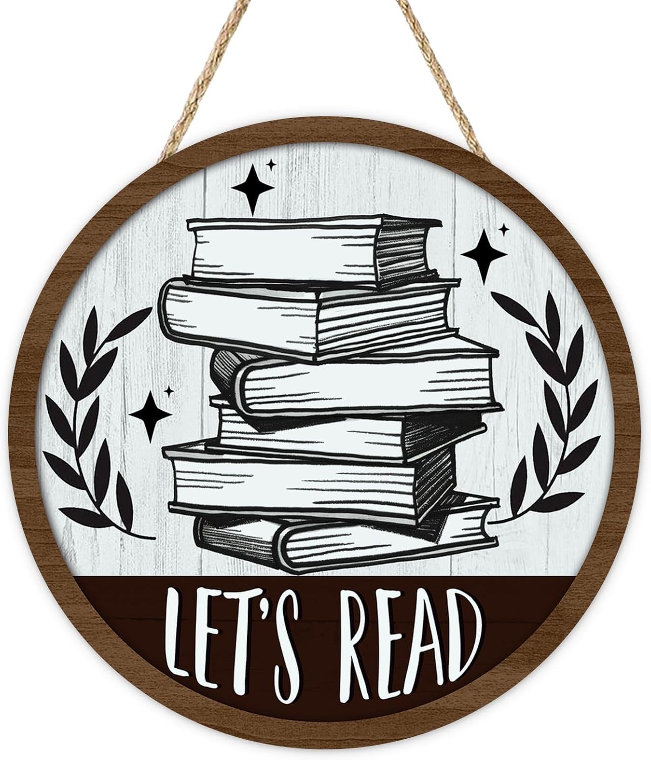 Vintage Let's Read Book Front Door Sign, Retro Inspirational School Classroom Library Reading Corner Wood Plaque Hanger, Farmhouse Wooden Wreath Indoor Wall Hanging Home Decor Book Lover Gift