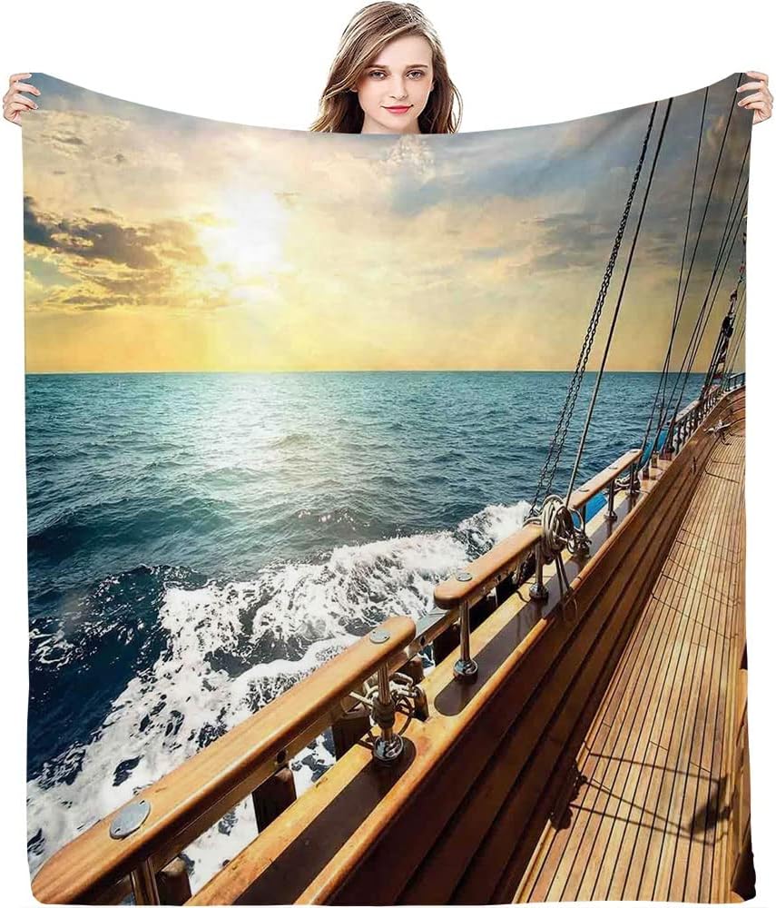 Flannel Blanket, Sailboat in Mediterranean Waves at Sunset, Keep WarmNautical Decor Throw Blankets, 60 x 80inches, Cozy Warm Soft Blanket for All Seasons, Cream Blue