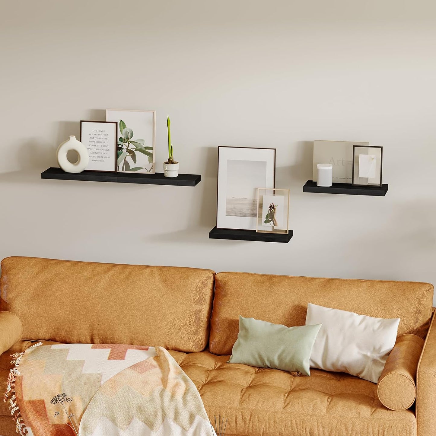 Fixwal Floating Shelves, Wall Mounted Rustic Wood Shelves for Bathroom, Living Room, Bedroom and Kitchen, Wall Shelves for Storage,Books,Room Decor (Black, Set of 4, 15.8 Inch)