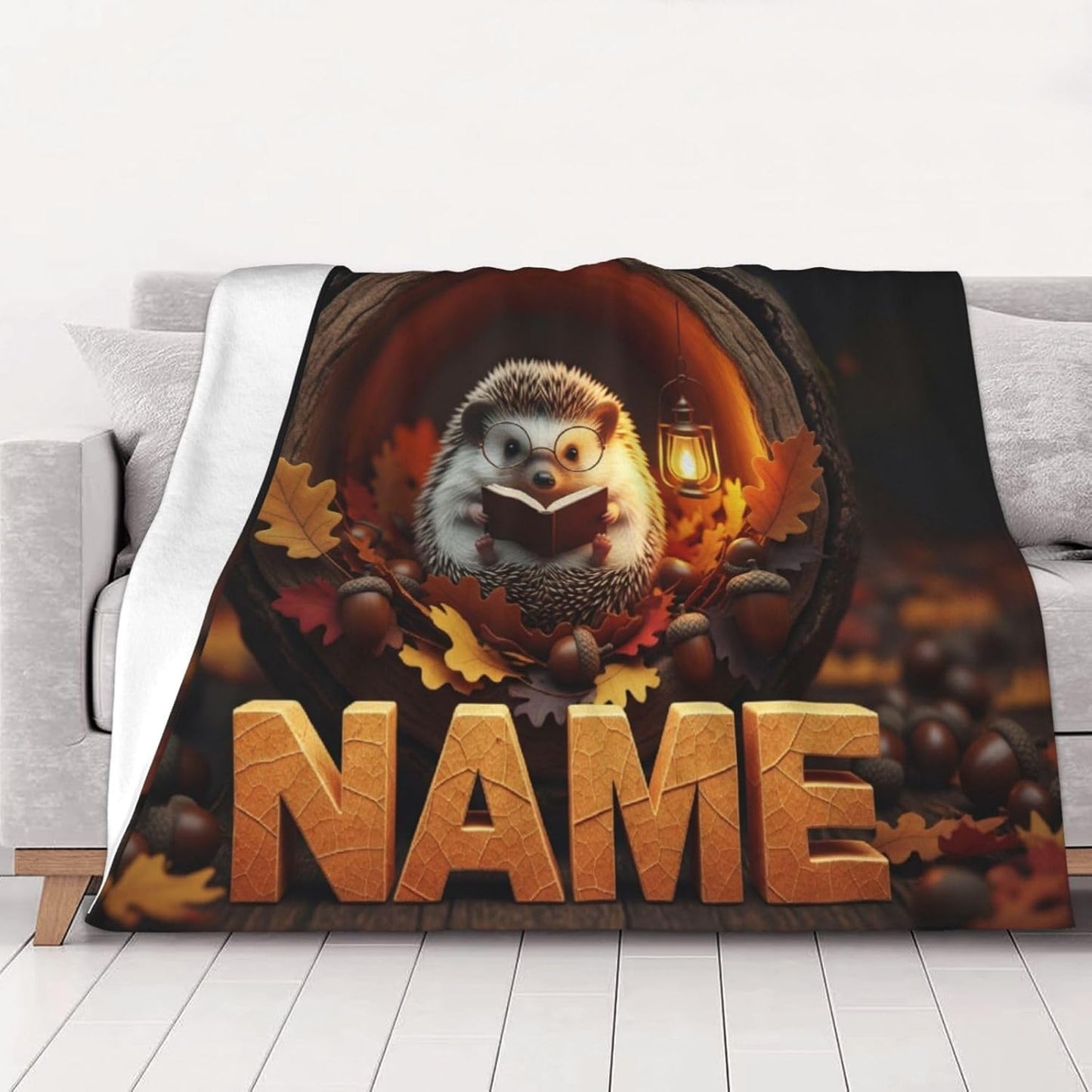 Personalized Hedgehog Blanket with Name - Custom Cute Animal Reading Book Throw - Cozy Soft Fleece Gifts for Hedgehog Lovers, Bookworms, Girls, Boys, Women for Couch, Bed, Sofa