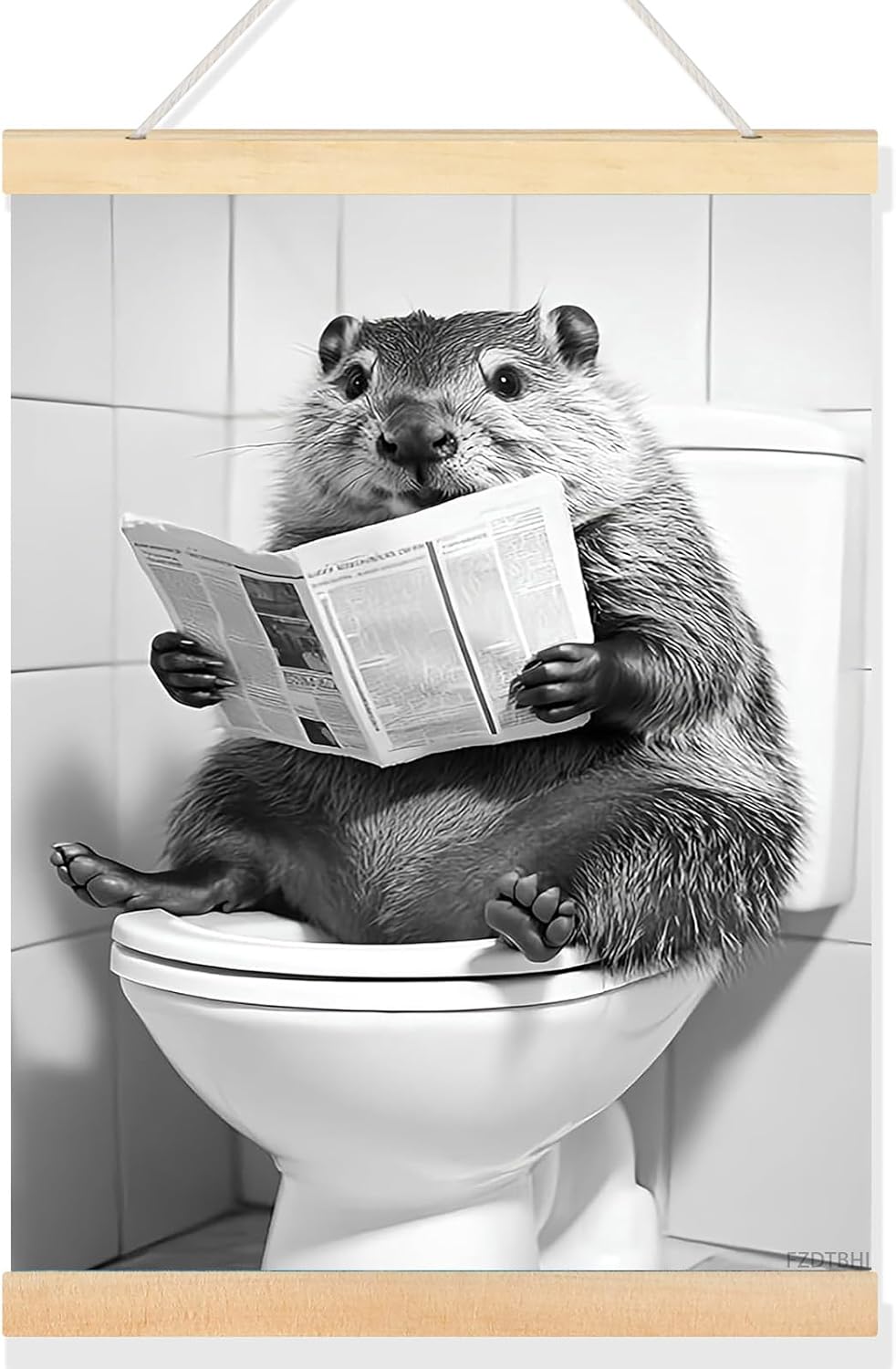 Animal in Bathroom Pictures Wall Art Funny Groundhog Read Newspaper on Toilet Canvas Prints Rustic Decor Western Bathroom Wall Decor Signs 12x16inch Framed