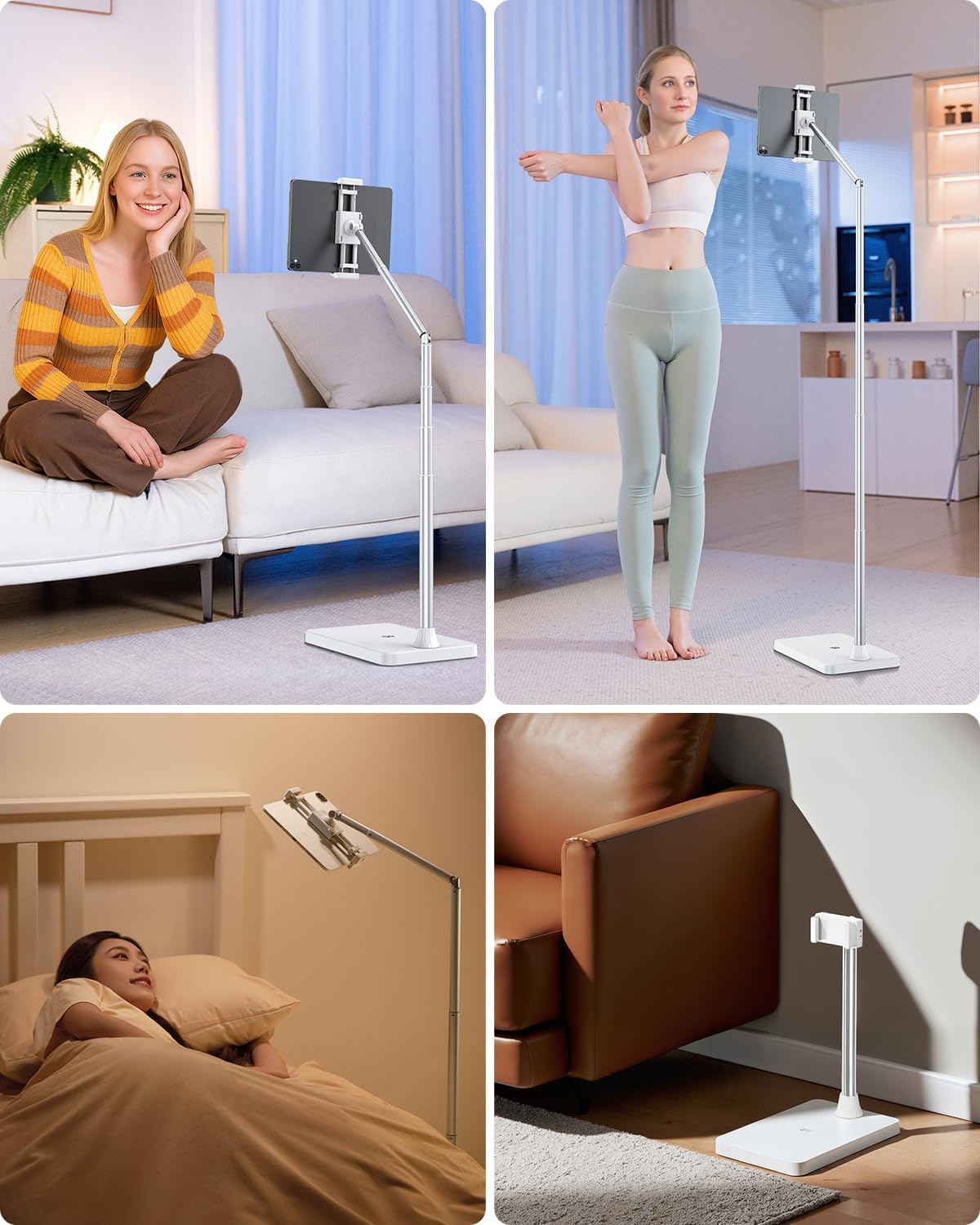 Viozon Tablet Floor Stand, Height & Angle Adjustable Tablet Holder with Aluminum Alloy Arm Tube, 360° Rotation for Bed, Sofa, Desk, Compatible with 3.5-11'' iPad Pro/Air/Mini, iPhone 15/14, Kindle.