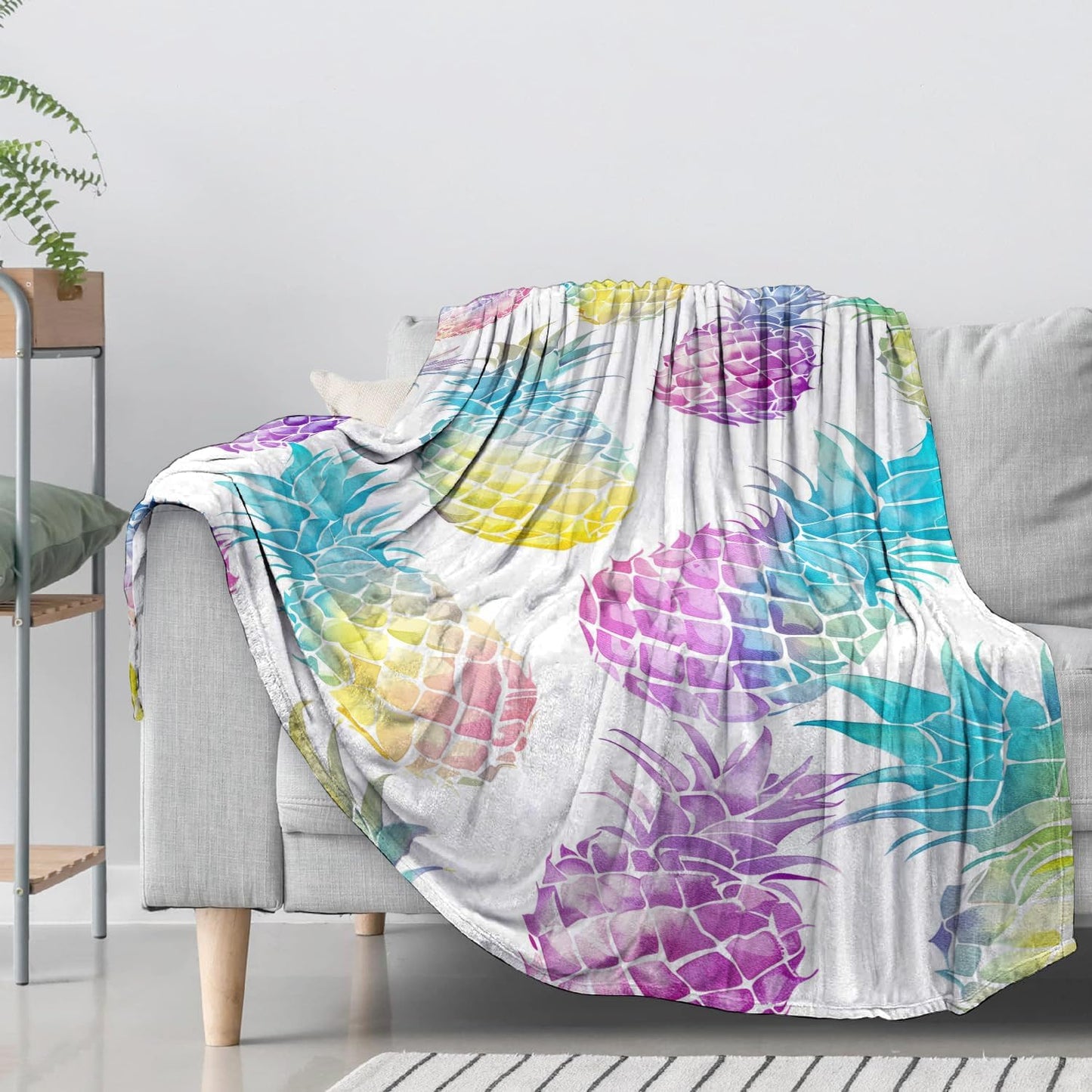 Rainbow Pineapple Flannel Throw Blanket 50x60 Inch, Colorful Watercolor Fruit Pattern Blankets Soft Cozy Fleece Throws for Food Lover Bed Sofa Dorm Living Room Summer Home Decor Gifts