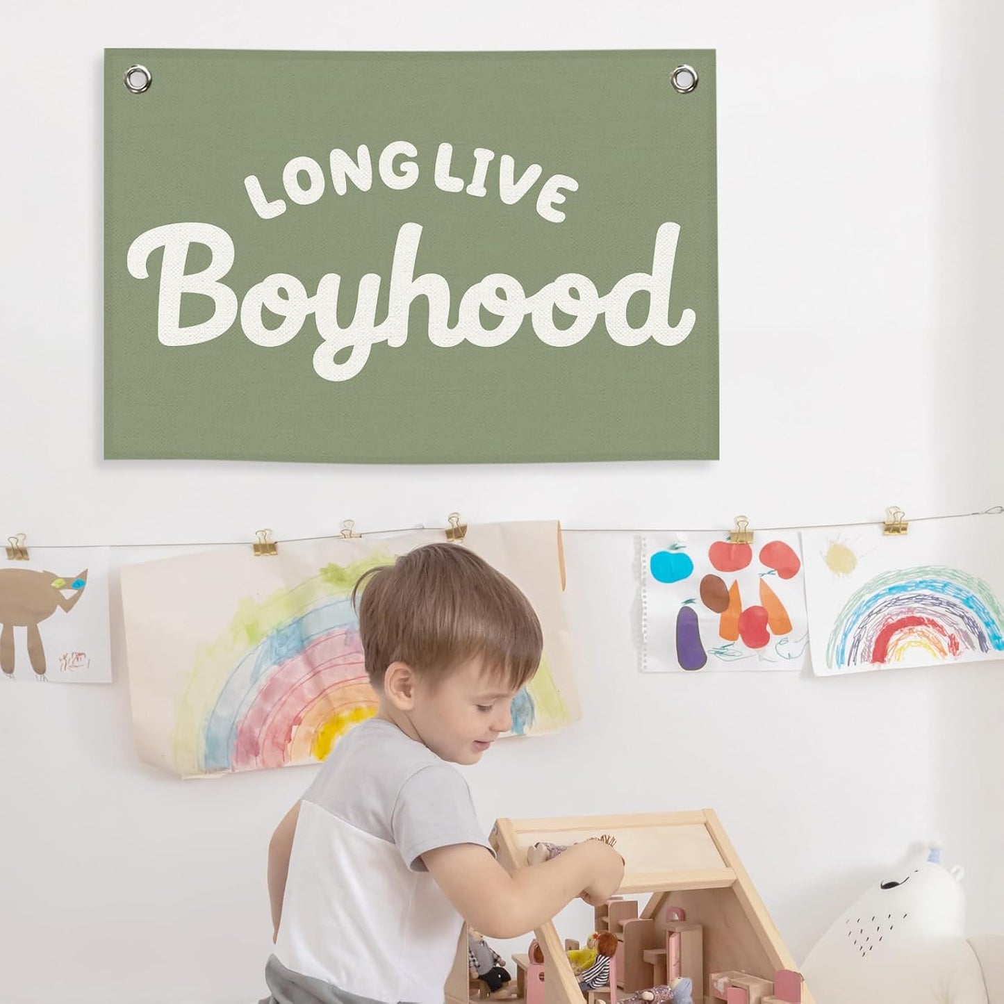 Long Live Boyhood Kids Banner Canvas, Green Boys Toddler Room Decor, Playroom Hanging Flag Sign, Nursery Wall Tapestry Art for Baby Shower Classroom Bedroom Decor 20x30in