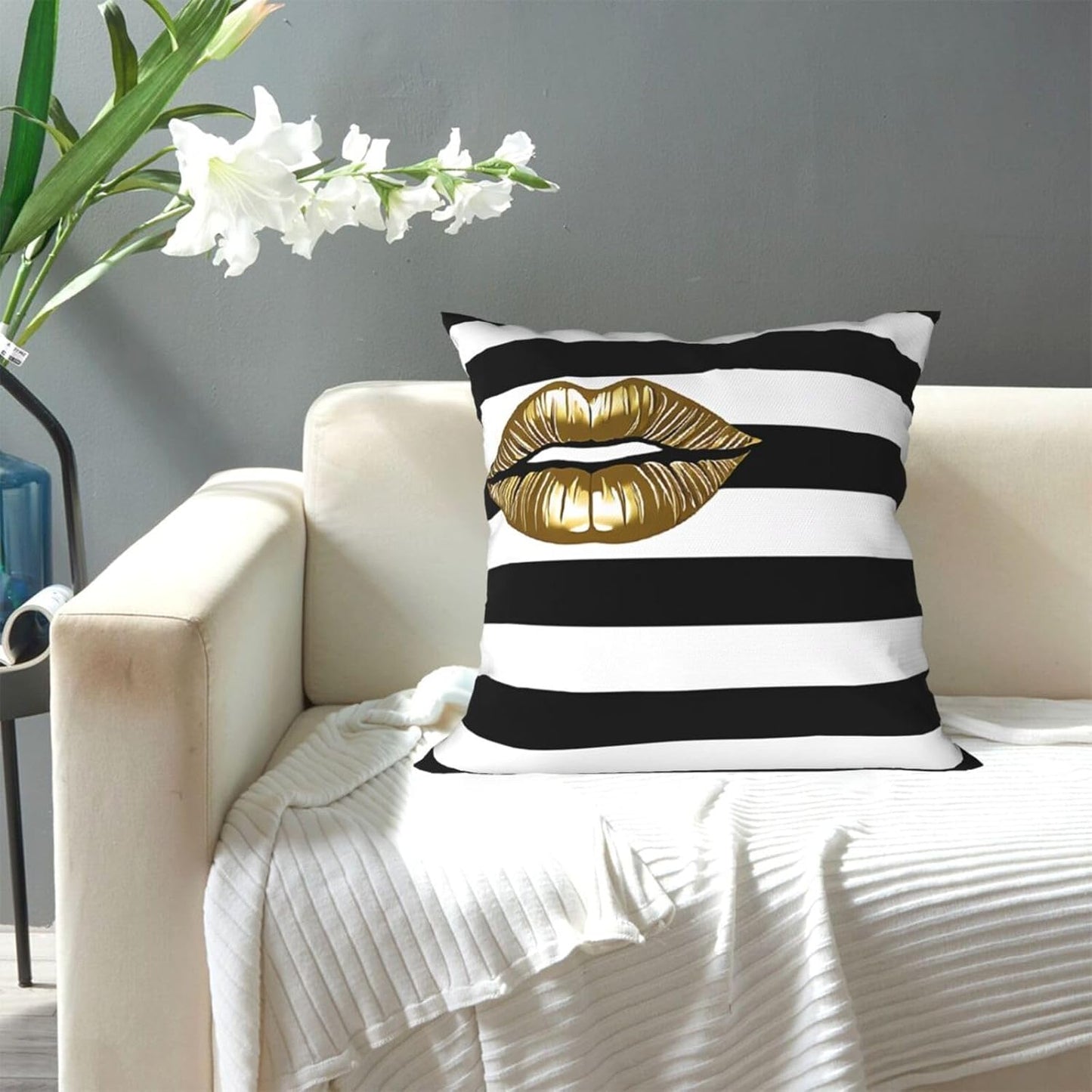 All-Season Square Pillow Covers 18"X18", Lips Black White Stripes, Decorative Throw Pillow Covers For Sofa Bed Couch, Hidden Zipper Cushion Cover, Square Lumbar & Accent Pillowcases For Home Decor