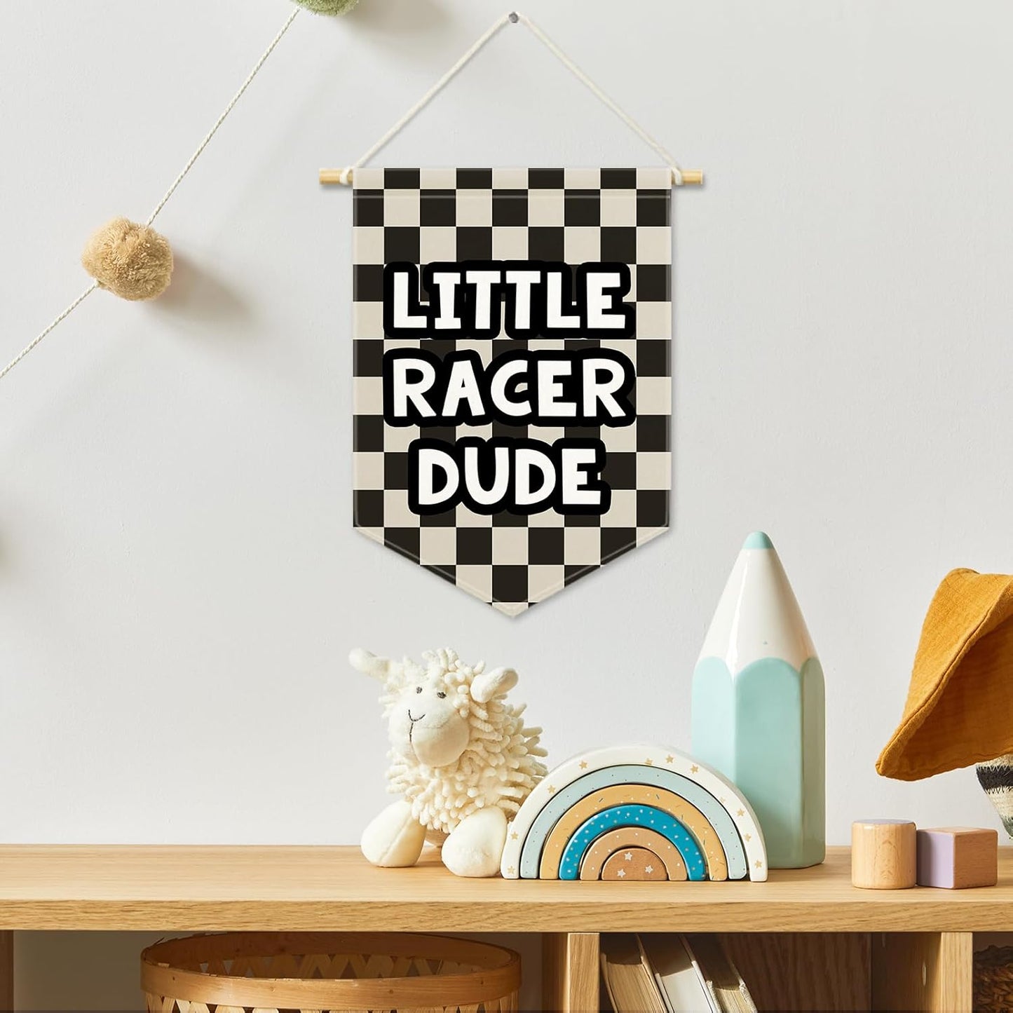 Playroom Boys Kids Room Decor, Black Checkered Little Racer Dude Banner Canvas, Nursery Wall Hanging Frame Decor Art Pennant Flag for Toddler Room Preschool Dorm Little Boy 11x15in