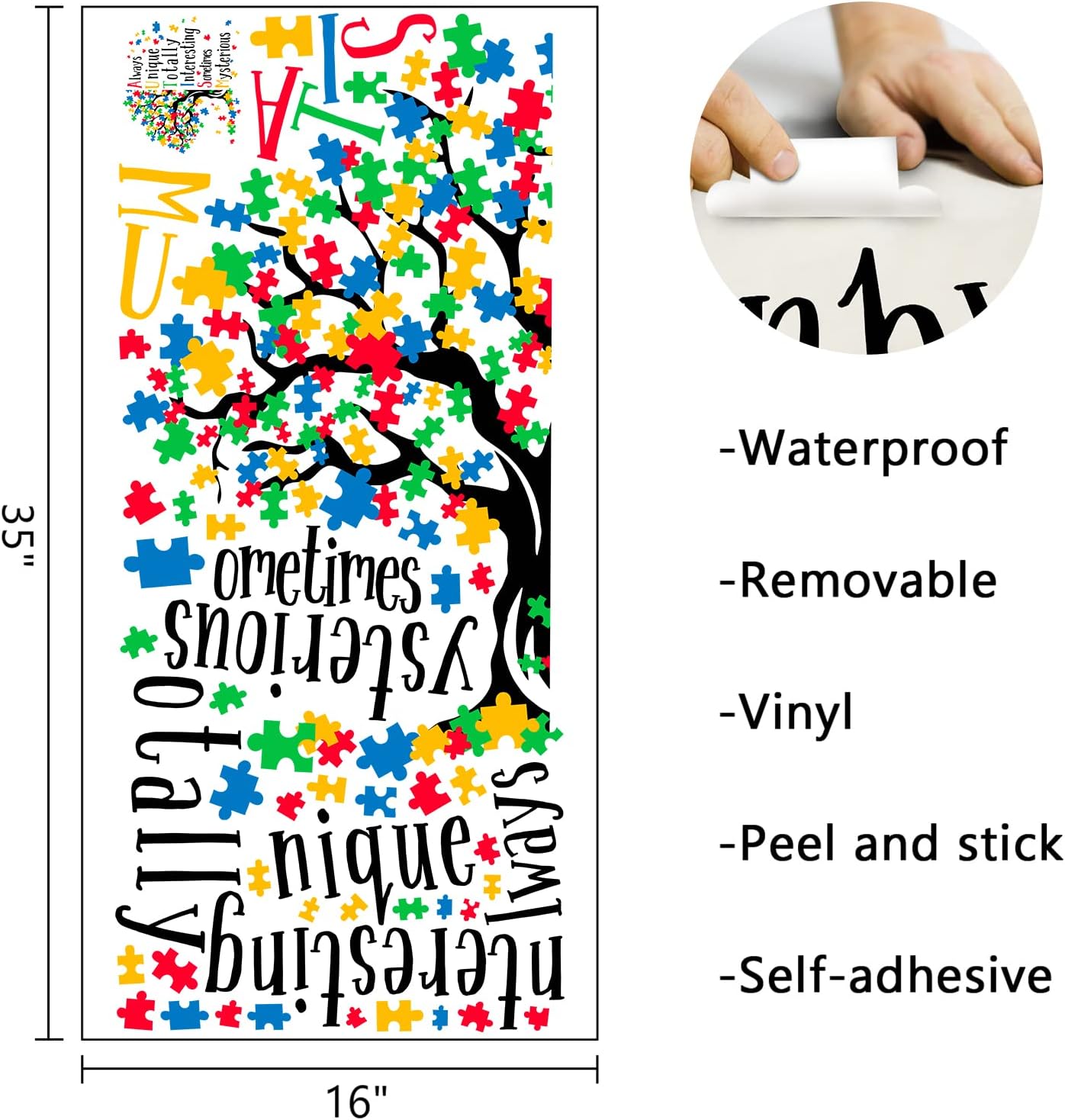 Mfault Autism Awareness Day Inspirational Sign Wall Decal Sticker, Positive Puzzle Piece Tree Colorful Nursery Classroom Decoration Baby Bedroom Art, Autistic Spectrum Motivational Kid Room Decor Gift