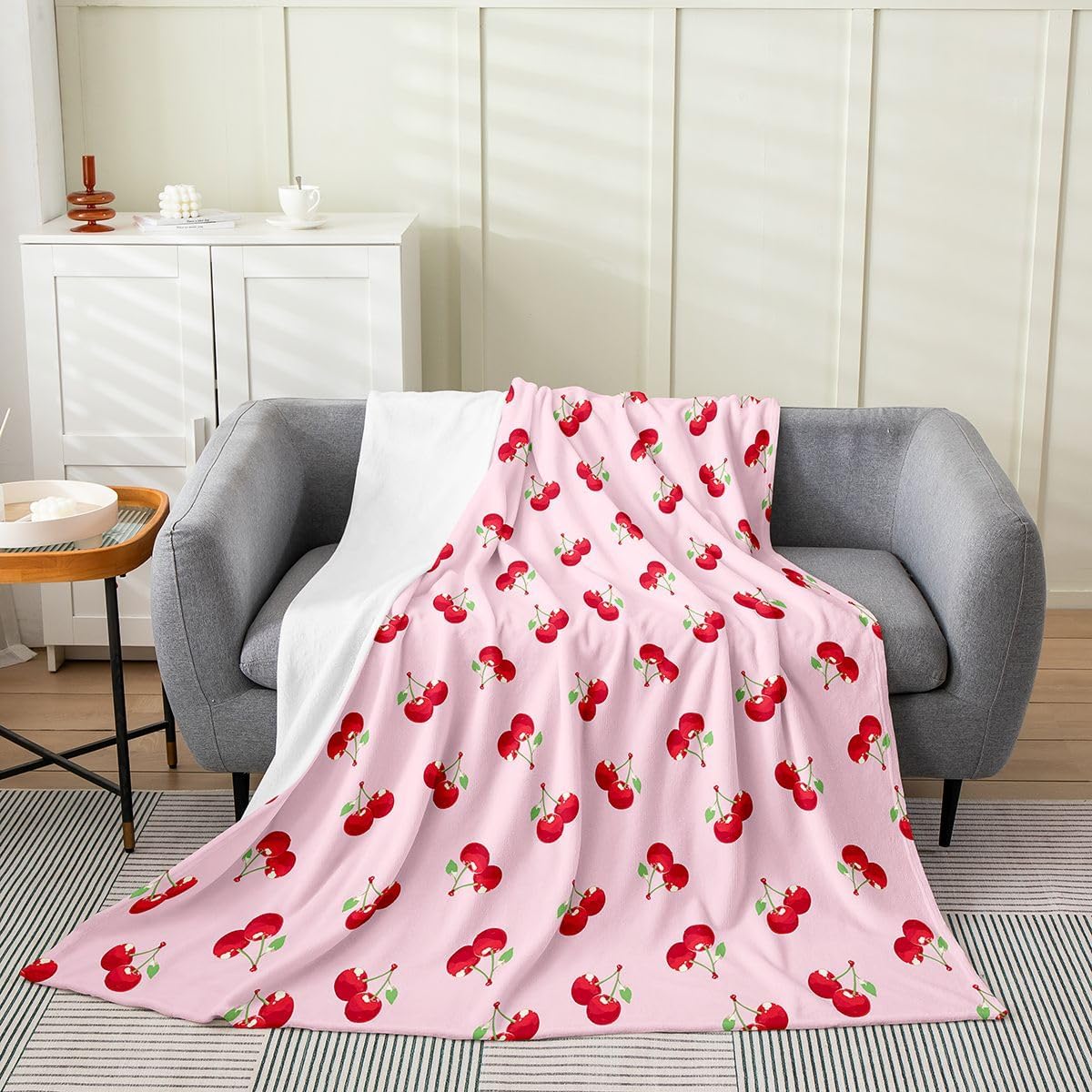 Feelyou Cherry Blanket Throw 50"x60" Pink Cherry Plush Throw Blanket, for Kids Boys Girls Decor Summer Fruit Flannel Fleece Blanket Microfiber Cute Fruit Bedroom