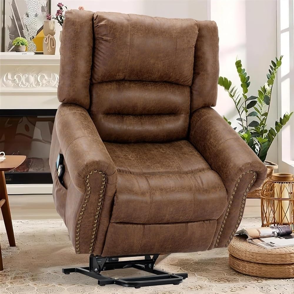 Power Lift Recliner Chair with Heat and Massage, Electric Leather Recliner with USB Port, Adjustable Lift Chair with Remote Control and Side Pockets for Living Room