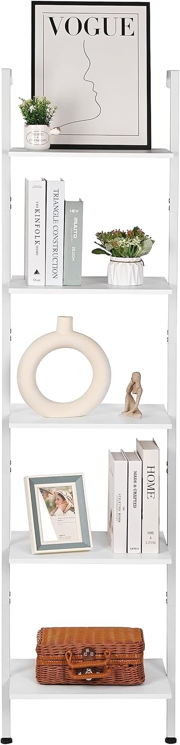 ELYKEN Ladder Shelf, White 5-Tier Wood Wall Mounted Bookshelf with Metal Frame, Modern Open Display Organizer Rack, Leaning Storage Shelves for Living Room, Bedroom, Home Office