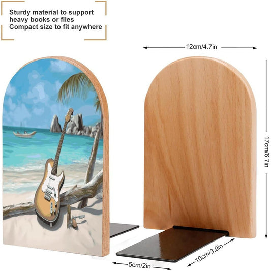 Non-Slip Bookend for Shelves Guitar on The Beach Wooden Bookends with Metal Base Decorative Book Stopper for Home Heavy Duty Wood Book Storage for Books/CDs