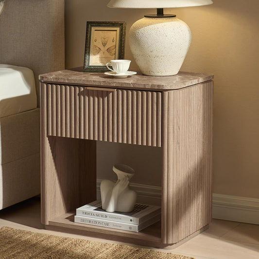 Fluted Nightstand with Drawer, Bedside Table with Faux Marble-Top, Engineered Wood Side Table with Open Shelf, Curved Corners, Metal Handle, Modern Night Stand for Bedroom, Small Spaces, Natural Oak