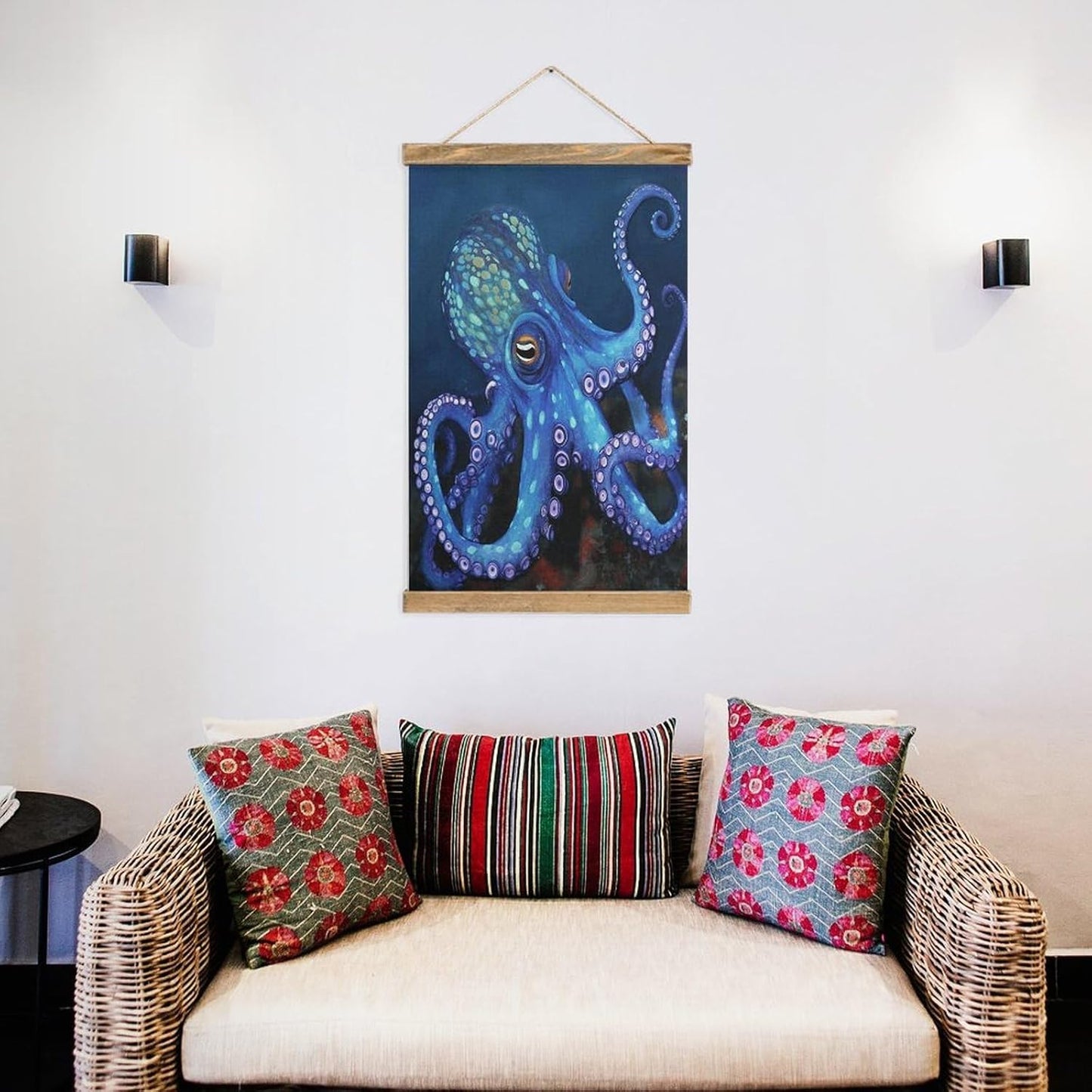 Vintage Blue Octopus Poster with Wooden Frame Personalized Linen Hanging Scroll Painting Rustic Wall Hanging Illustrative Modern Artwork Decor for Home Living Room Bedroom Office