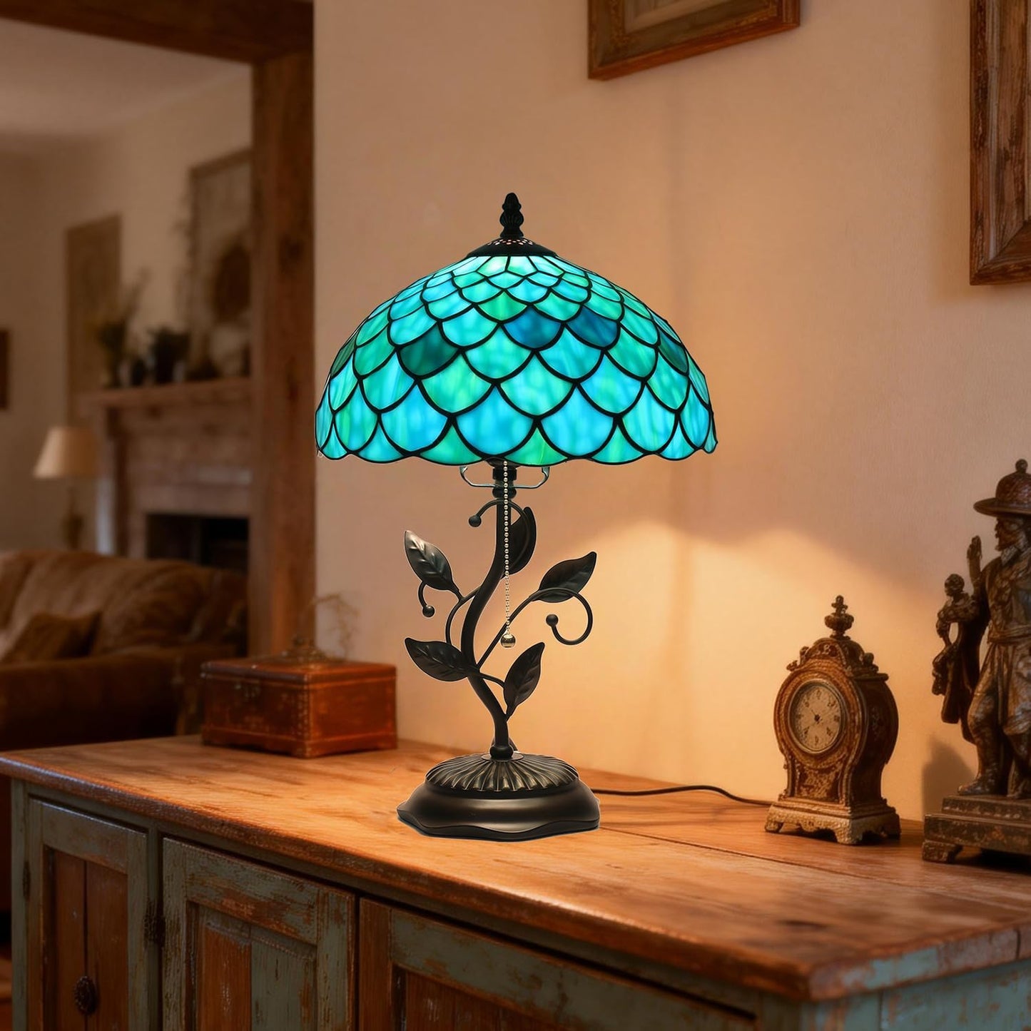 Tiffany Table Lamp, Stained Glass Lamp, 12x12x19 Inch, Metal Leaf Base Decor Lamp for Bedroom、Living Room、Home、Office(Blue Green Fish Scale Style)