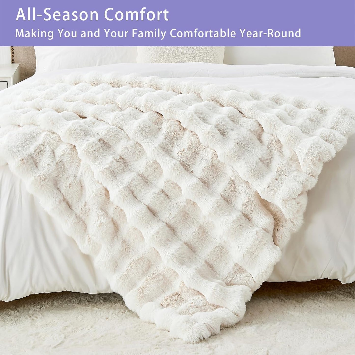 Bigacogo Faux Fur Throw Blanket for Couch, Fuzzy Soft Plush Thick Warm Bubble Blankets for Sofa Bed Living Room Décor, Cute Luxury Cozy Fluffy Throw Gift for Women Girls, 50"x60", Cream White