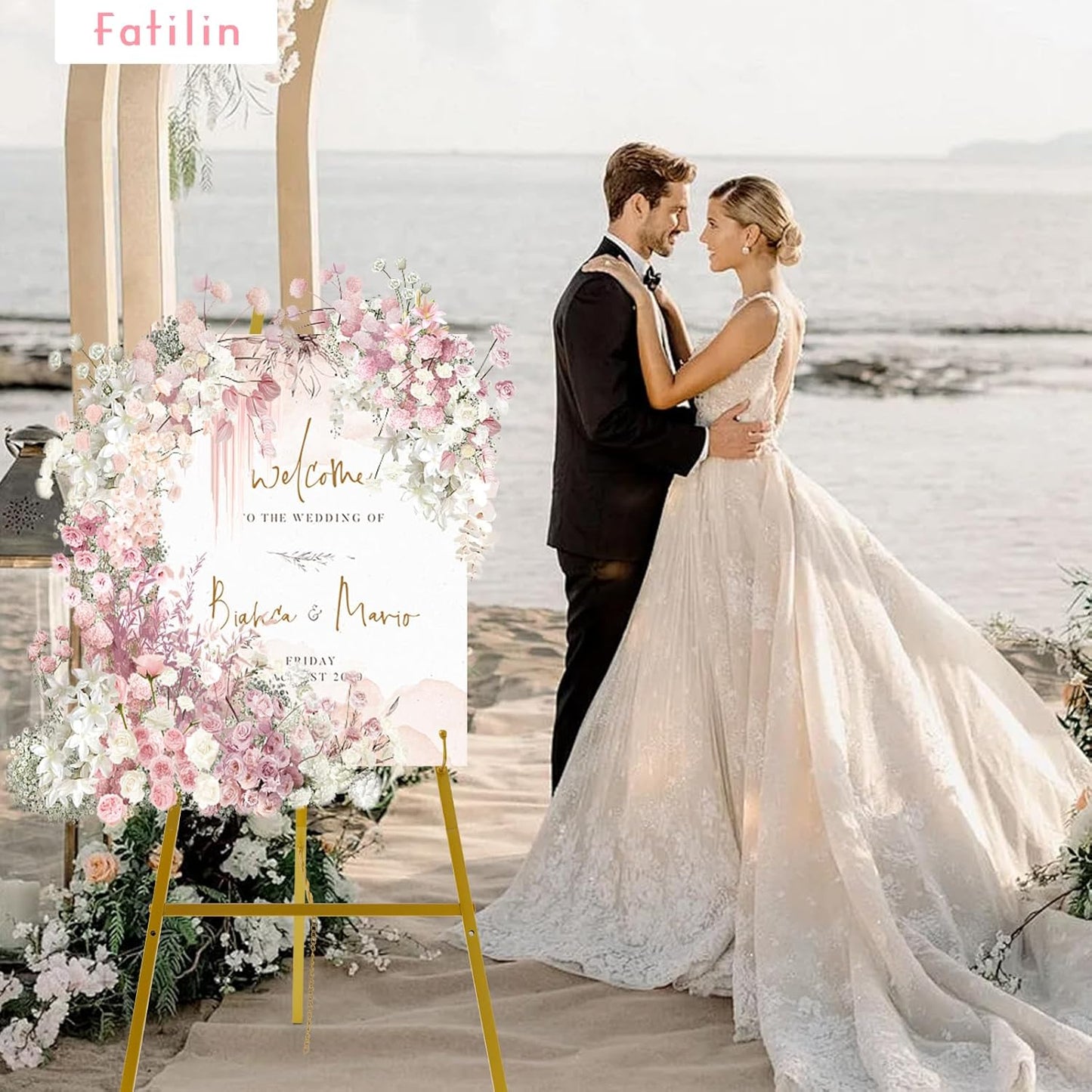 43.5" Gold Easel Stand for Sign–Adjustable Floor Heavy Duty Metal Display Easel for Wedding Signs, Art, Posters, Pictures Welcome Signs 4-Tier Height Display Easel for Parties & Galleries