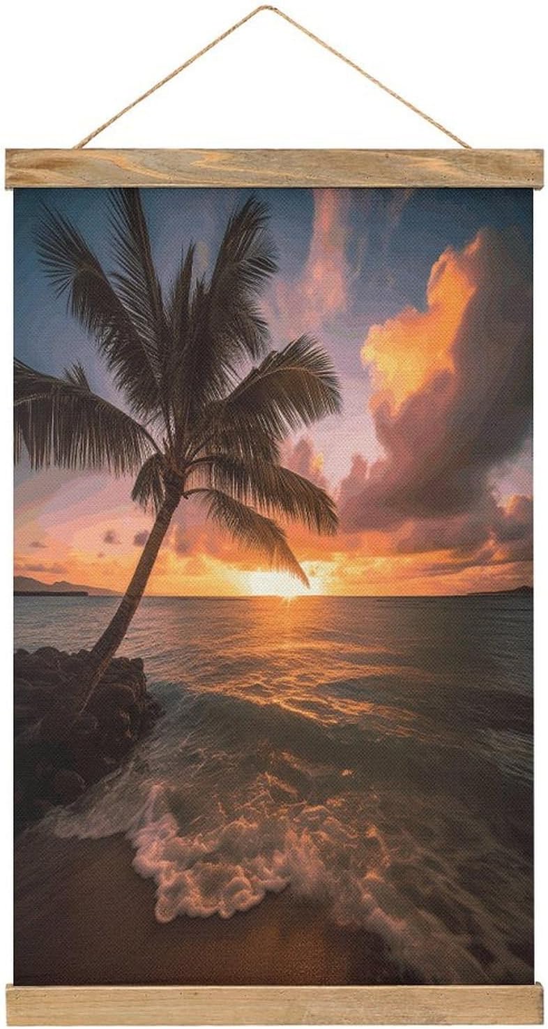 Vintage Palm Tree Sunset Beach Poster with Wooden Frame Personalized Linen Hanging Scroll Painting Rustic Wall Hanging Illustrative Modern Artwork Decor for Home Living Room Bedroom Office