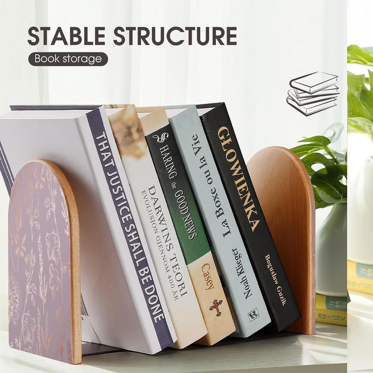 Rose Gold Floral Wooden Bookend Non-Slip Book Ends Heavy Duty Book Stopper with Metal Base Books Holderd Decorative Bookends Stands Firmly for Office Supplies