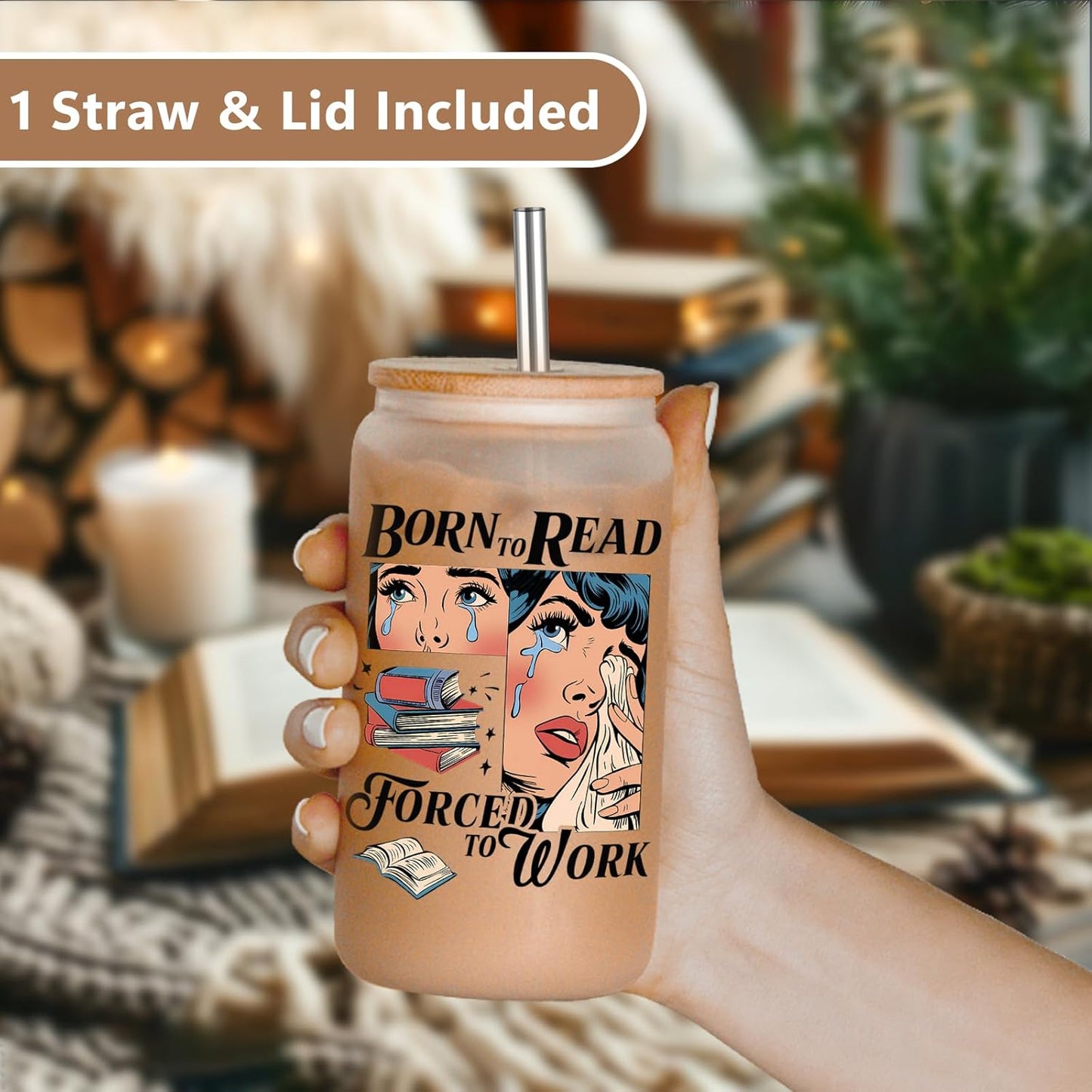 LEADO 16 oz Born to Read Glass Cup - Gifts for Book Lovers Women, Romance Readers - Birthday, Mothers Day, Book Lover Gifts for Women Unique - Reading Accessories, Bookish Ice Coffee Cup for Bookworm