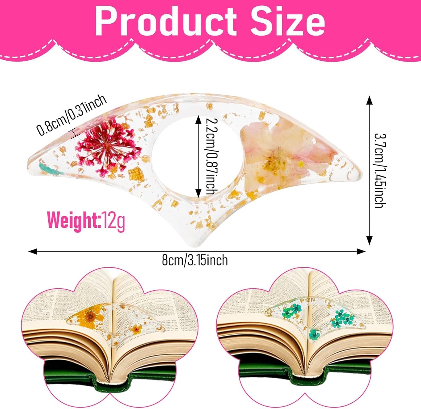 logohu 4 Pcs Thumb Book Page Holder, Dried Flower Resin Bookmark, Transparent Handmade Personalized Book Page Clip, One Handed Book Accessories for Reading Lovers Teachers Students