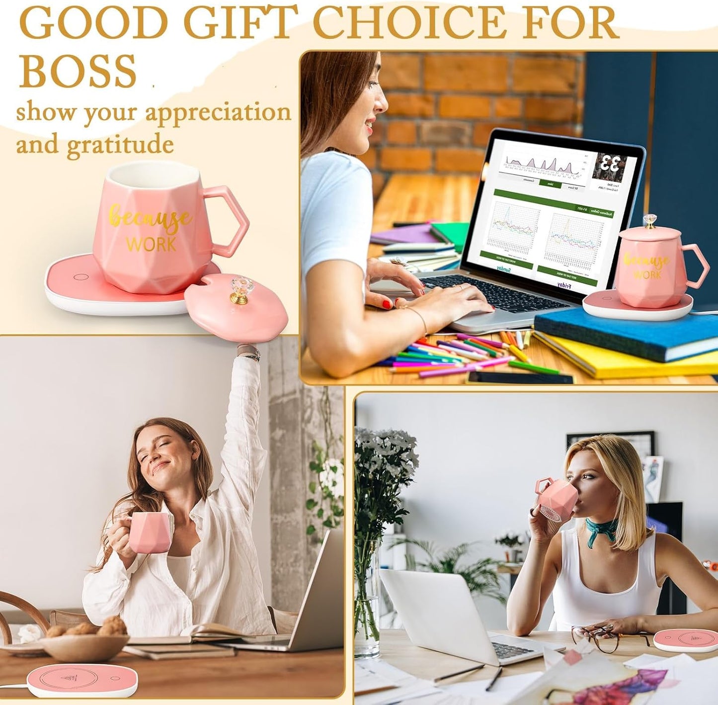 Hushee Christmas Lady Gift Coffee Mug Warmer for Women 13.5 oz Cup Warmer with Mug Set Electric Tea Water Warmers Appreciation Cup Heater with Lid Spoon and Coaster for Desk Office Home (Pink)
