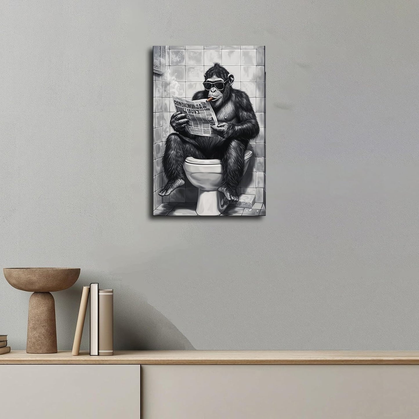 Monkey on Toilet Reading Newspaper Wearing Sunglasses Smoking Poster Canvas Wall Art Framed Wall Art Prints Living Room Bedroom Decor Paintings (24x36inch-Framed)