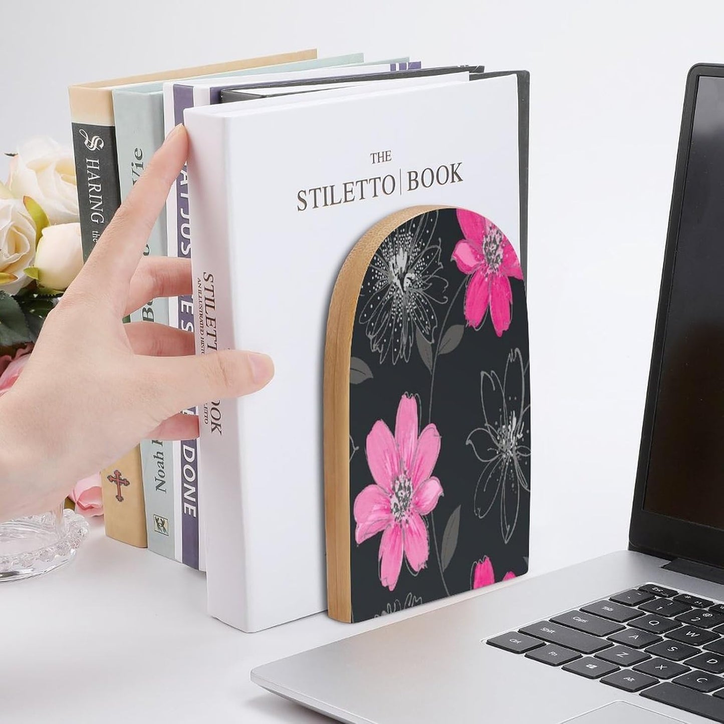 Pink and Black Flower Wooden Bookend Non-Slip Book Ends Heavy Duty Book Stopper with Metal Base Books Holderd Decorative Bookends Stands Firmly for Office Supplies