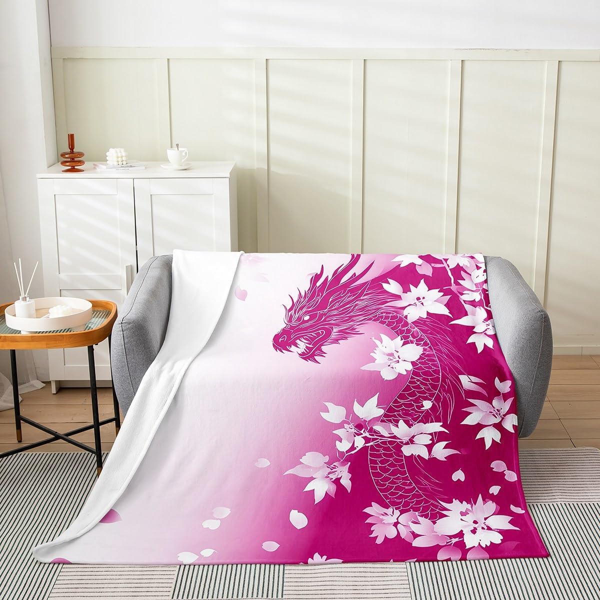 Erosebridal Pink Fantasy Dragon Blanket Twin 60x80 Pink White Gradient Princess Throw Blanket for Kids Girls Teen,Magical Wildlife Animal Pattern Dreamy Aesthetic Cherry Blossom Decor,Luxury Soft