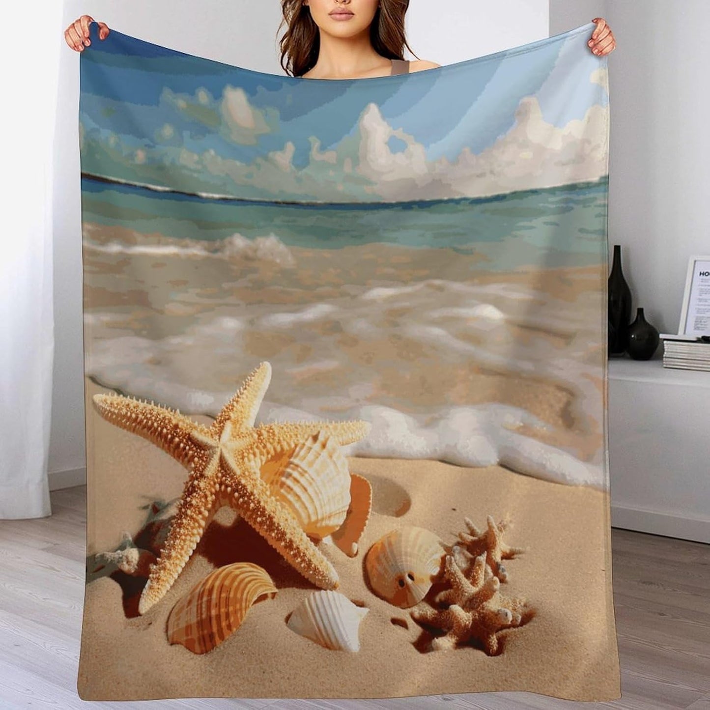 Seashells Starfish on Beach Blanket Super Soft Lightweight Throw Blanket Cute Cozy Warm Bed Blanket Decorative Fuzzy Blanket All-Season Home Decor Gift for Sofa Couch Living Room 50"*60"（130 * 150cm）