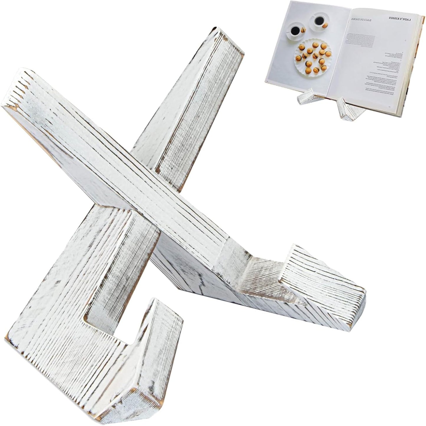 Cross Design Cookbook Stand - Beautiful Wood Texture, Stable Structure - Wooden Recipe Book Holder- Multifunctional Display Stand, Kitchen Counter Decor - White